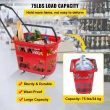 VEVOR 6PCS Carros de compras, Cesta de compras rodante de plástico con ruedas, Cestas de compras rojas con asas, Juego de cestas de compras portátiles para tienda minorista