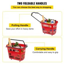 VEVOR 6PCS Carros de compras, Cesta de compras rodante de plástico con ruedas, Cestas de compras rojas con asas, Juego de cestas de compras portátiles para tienda minorista