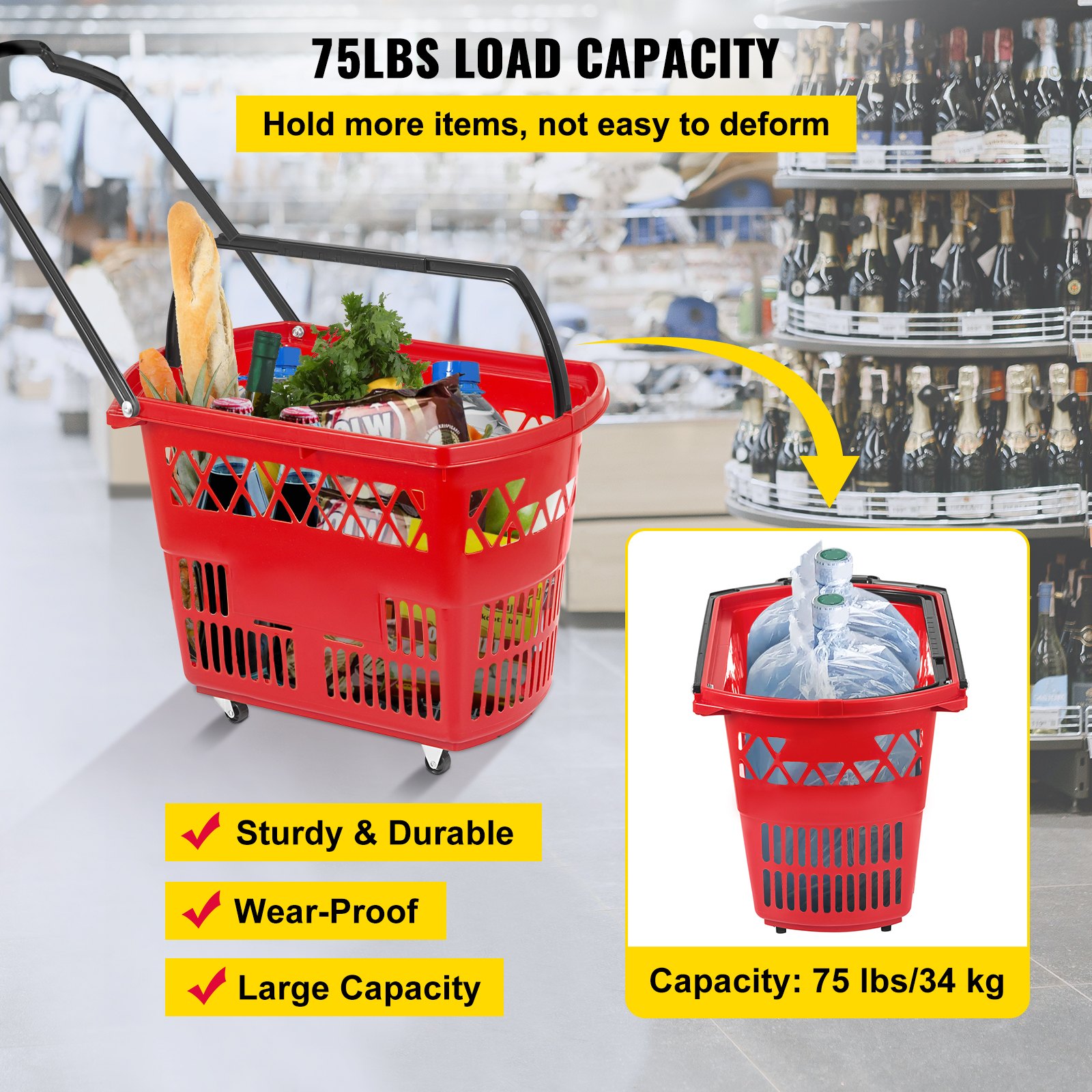 Cesta de compra con ruedas de plástico VEVOR con capacidad de carga de 75 libras en color rojo, llena de comestibles.