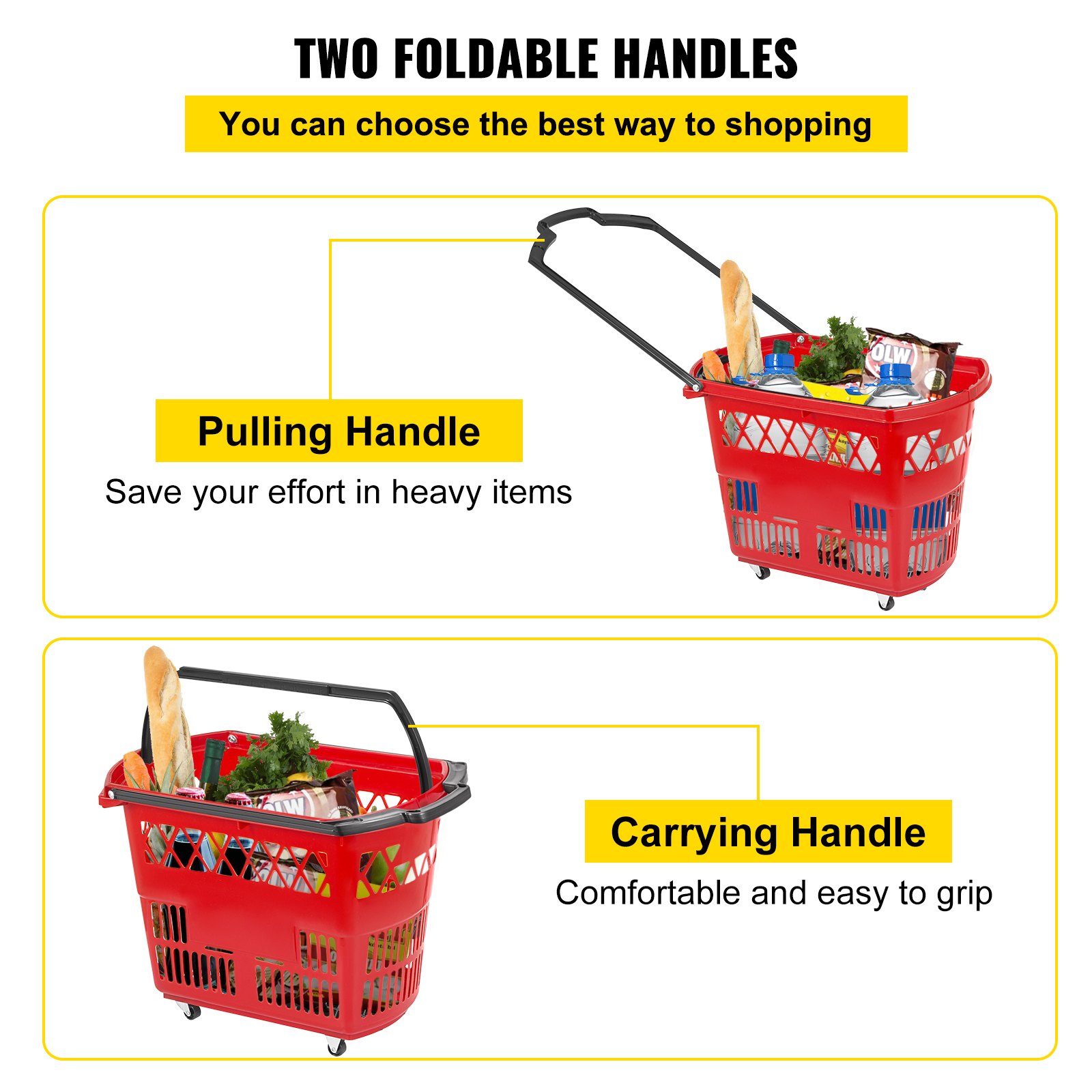 Cesta de compra con ruedas de plástico VEVOR con asas de transporte y tracción plegables.