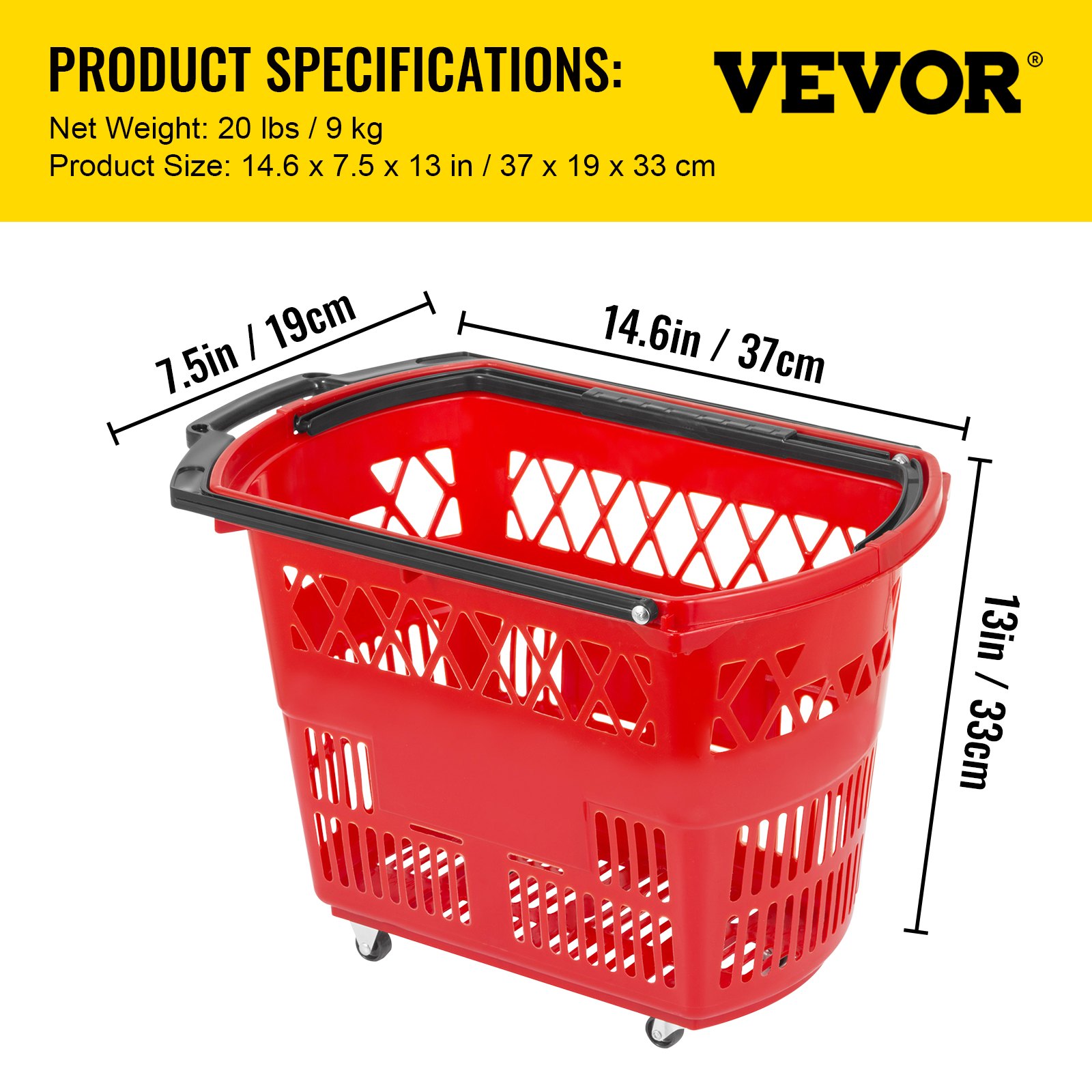 Cesta de compra con ruedas de plástico VEVOR con dimensiones y especificaciones mostradas.
