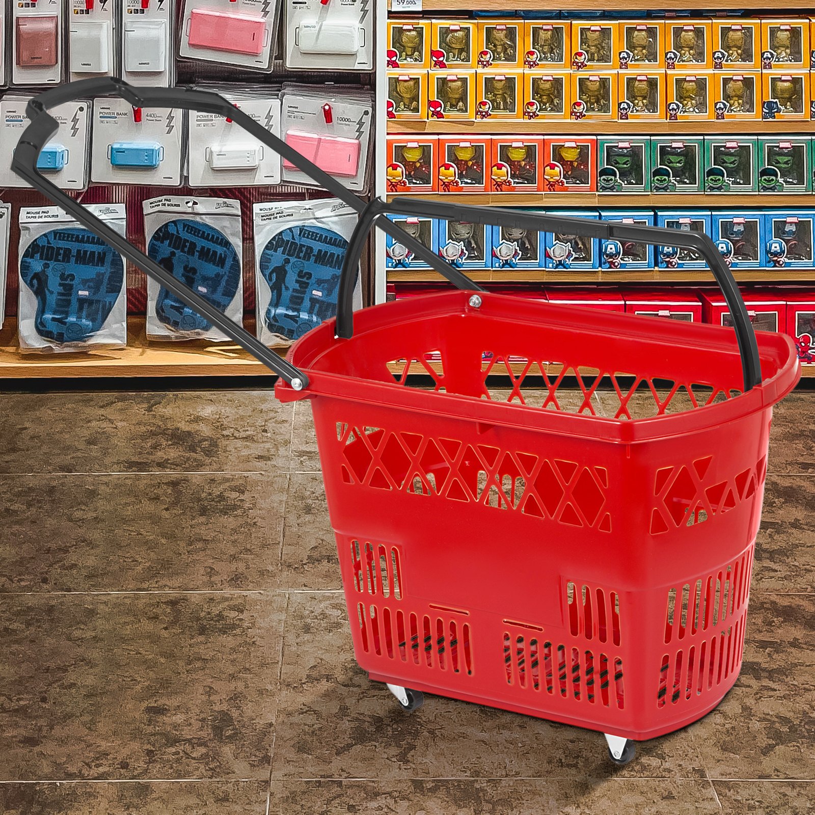 Cesta de compras con ruedas de plástico VEVOR de color rojo en el pasillo de una tienda.