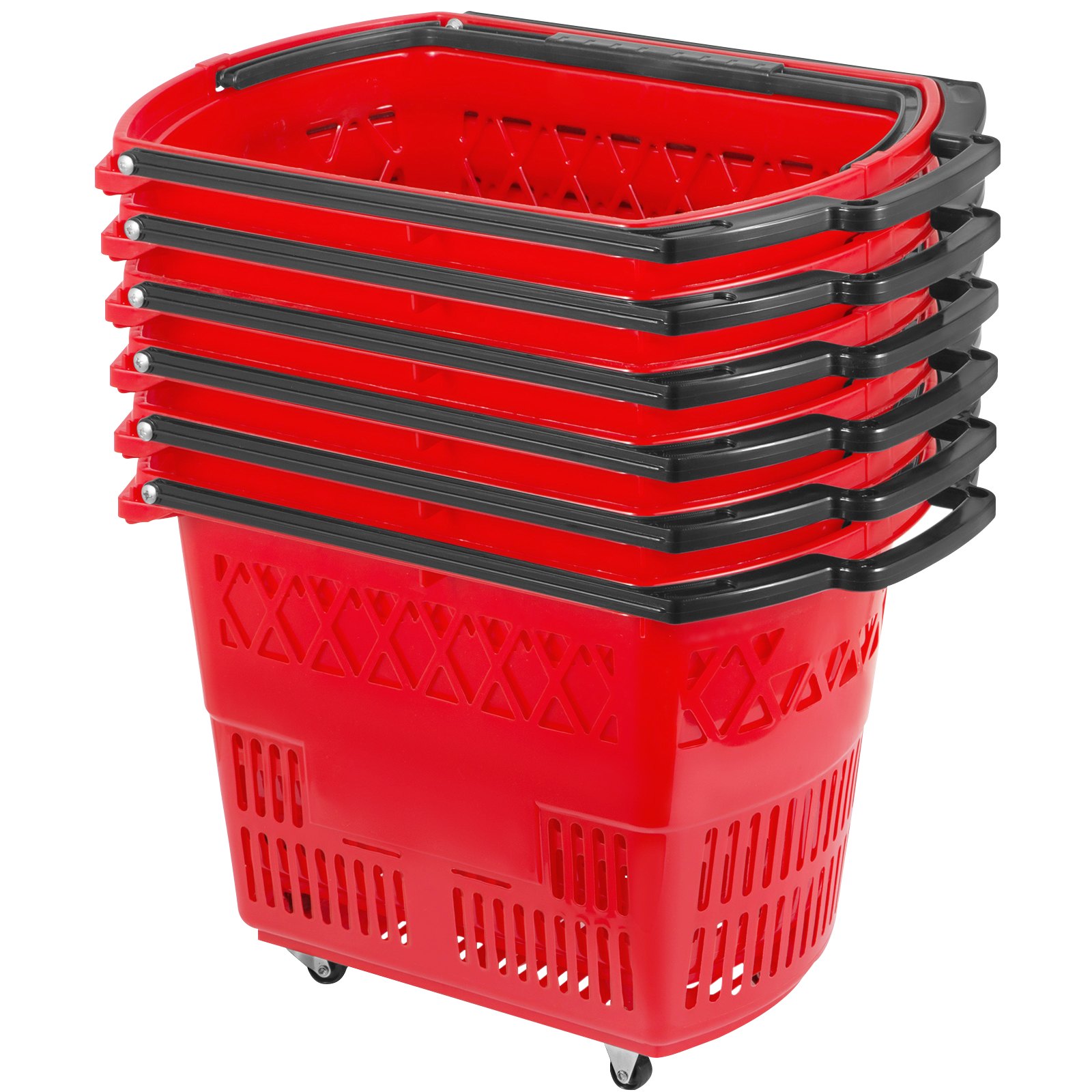 Cestas de compra con ruedas de plástico VEVOR apiladas en rojo y negro con asas y ruedas.