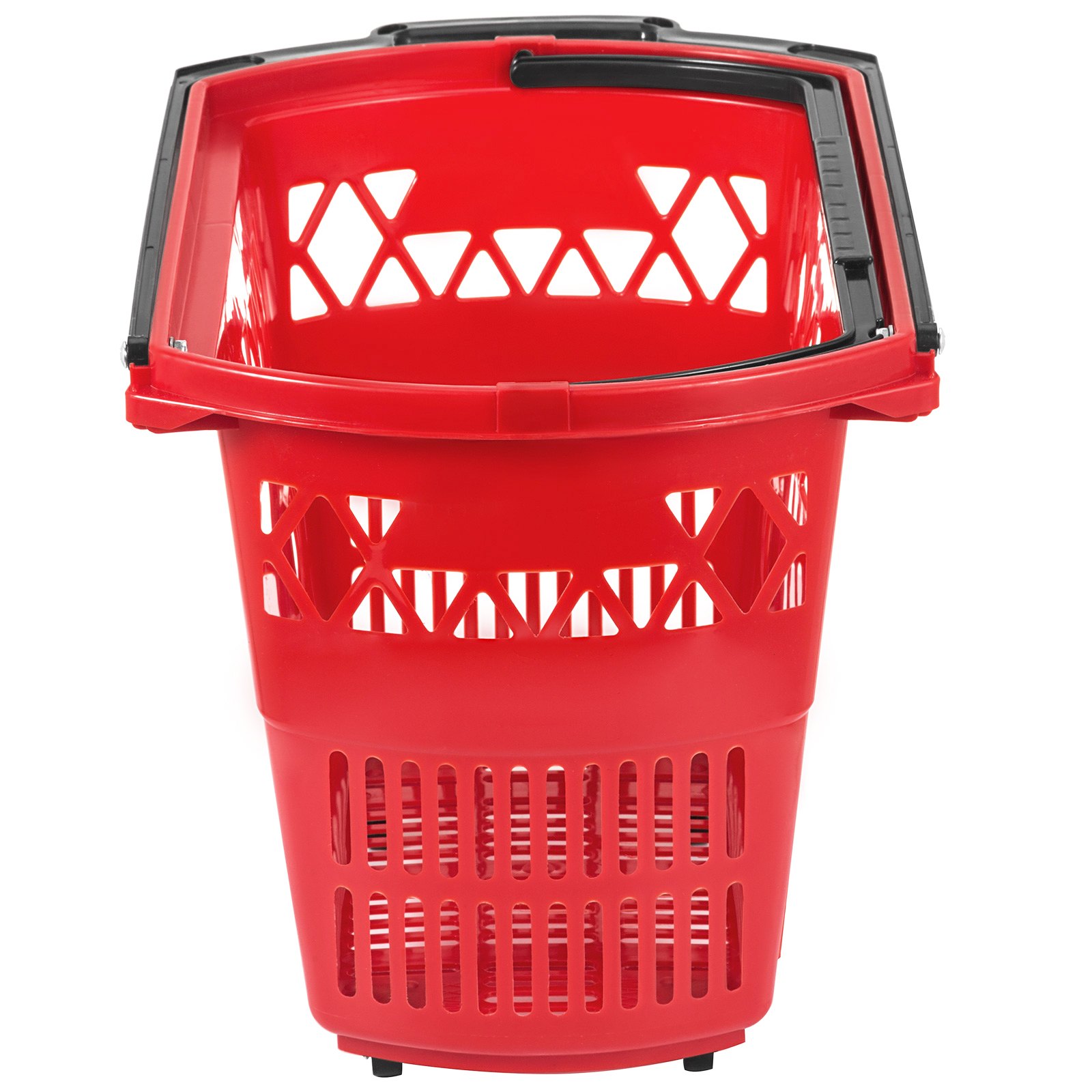 Cesta de compra con ruedas de plástico VEVOR de color rojo con asa negra y diseño recortado en forma de diamante.