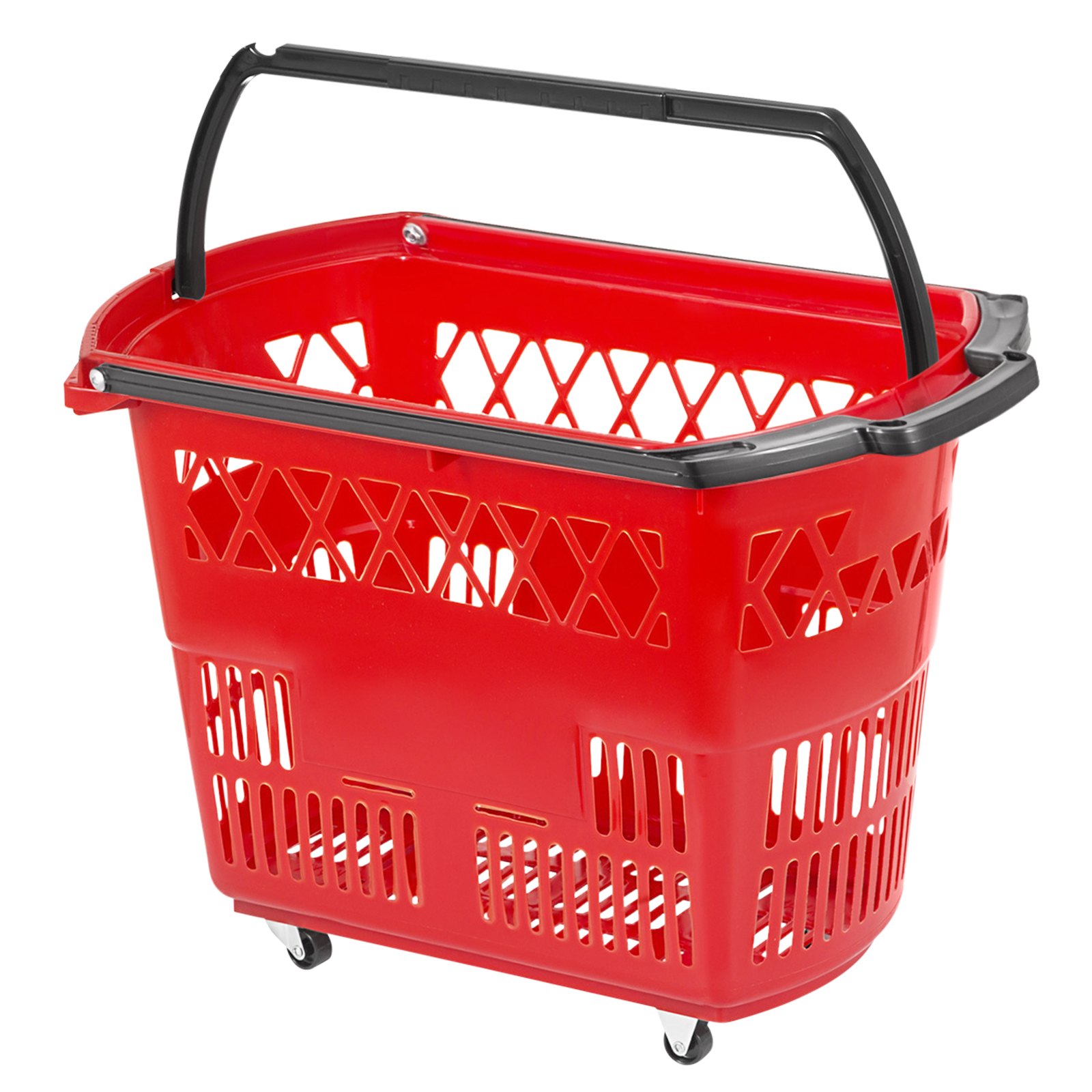 Cesta de compra con ruedas de plástico VEVOR de color rojo con asa y ruedas de color negro.