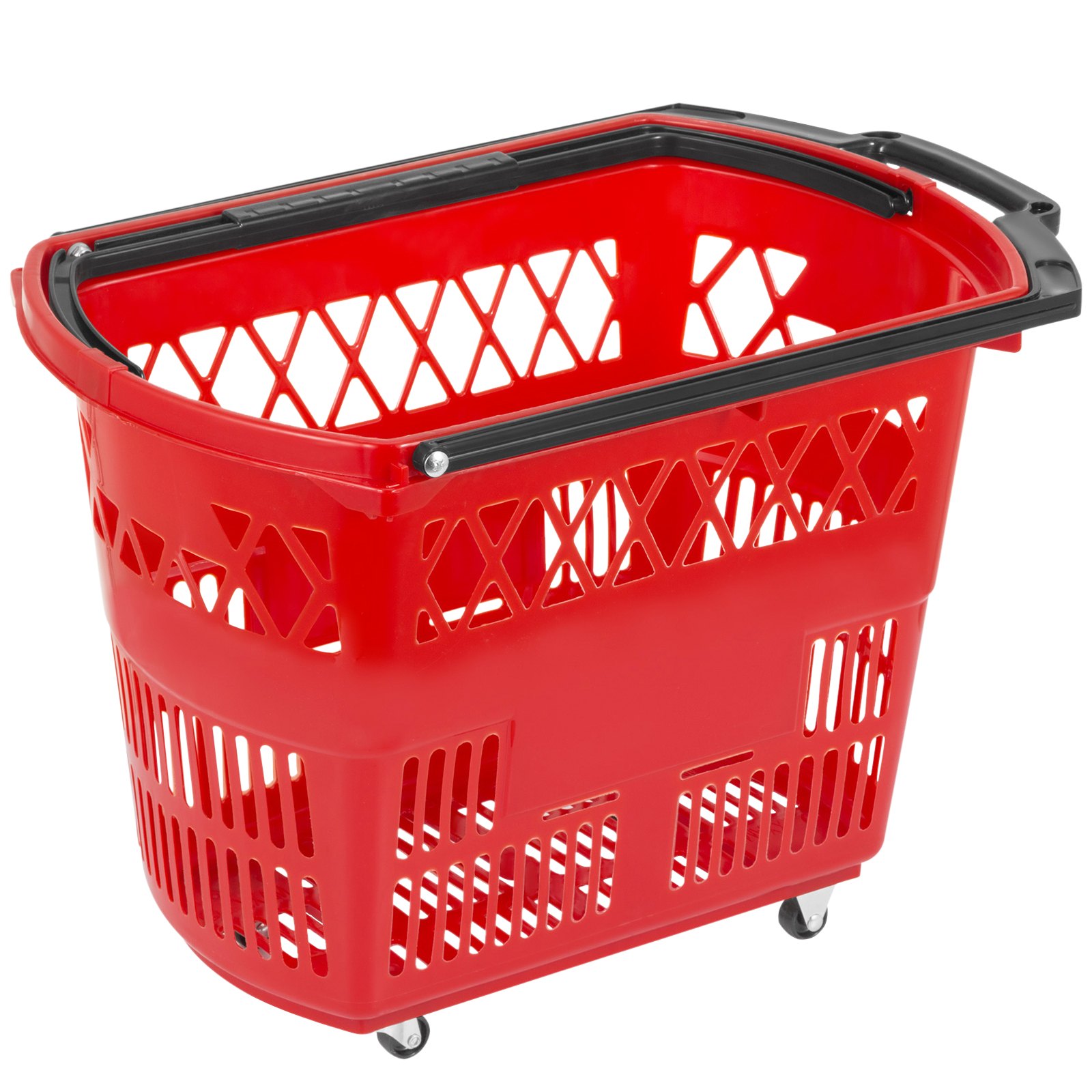 Cesta de compra con ruedas de plástico VEVOR de color rojo con asa negra y diseño de celosía.