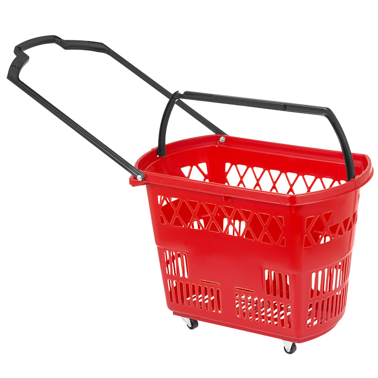 Cesta de compra con ruedas de plástico VEVOR de color rojo con asa y ruedas de color negro.