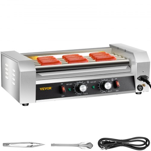 VEVOR Rodillo para Hot Dogs, capacidad para 12 Hot Dogs, 5 rodillos, máquina de cocción y calentamiento de acero inoxidable de 750 W con control de temperatura dual, luz LED y bandeja de goteo desmontable, parrilla para salchichas para cocina y restaurante.
