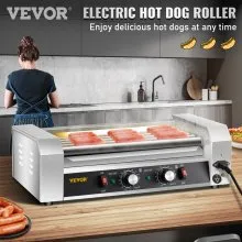 VEVOR Rodillo para perritos calientes, 12 capacidad para perritos calientes, 5 rodillos, máquina calentadora de cocción de acero inoxidable de 750 W con control de temperatura dual, luz LED y bandeja de goteo desmontable, parrilla para salchichas para cocina restaurante