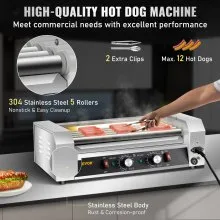 VEVOR Rodillo para perritos calientes, 12 capacidad para perritos calientes, 5 rodillos, máquina calentadora de cocción de acero inoxidable de 750 W con control de temperatura dual, luz LED y bandeja de goteo desmontable, parrilla para salchichas para cocina restaurante
