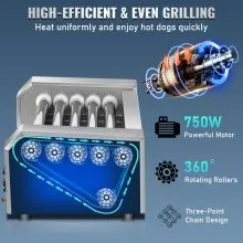 VEVOR Rodillo para perritos calientes, 12 capacidad para perritos calientes, 5 rodillos, máquina calentadora de cocción de acero inoxidable de 750 W con control de temperatura dual, luz LED y bandeja de goteo desmontable, parrilla para salchichas para cocina restaurante