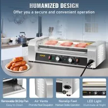 VEVOR Rodillo para perritos calientes, 12 capacidad para perritos calientes, 5 rodillos, máquina calentadora de cocción de acero inoxidable de 750 W con control de temperatura dual, luz LED y bandeja de goteo desmontable, parrilla para salchichas para cocina restaurante