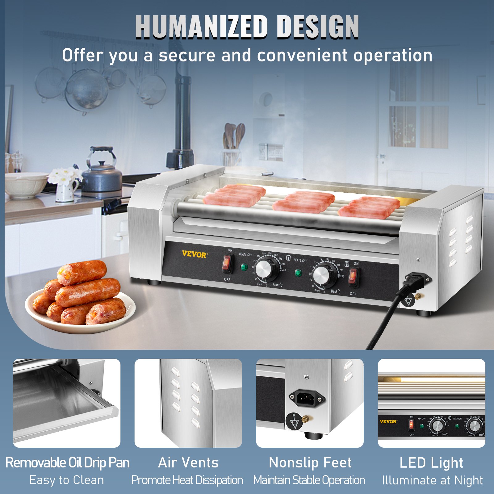 VEVOR Rodillo para Hot Dogs, capacidad para 12 Hot Dogs, 5 rodillos, máquina de cocción y calentamiento de acero inoxidable de 750 W con control de temperatura dual, luz LED y bandeja de goteo desmontable, parrilla para salchichas para cocina y restaurante.