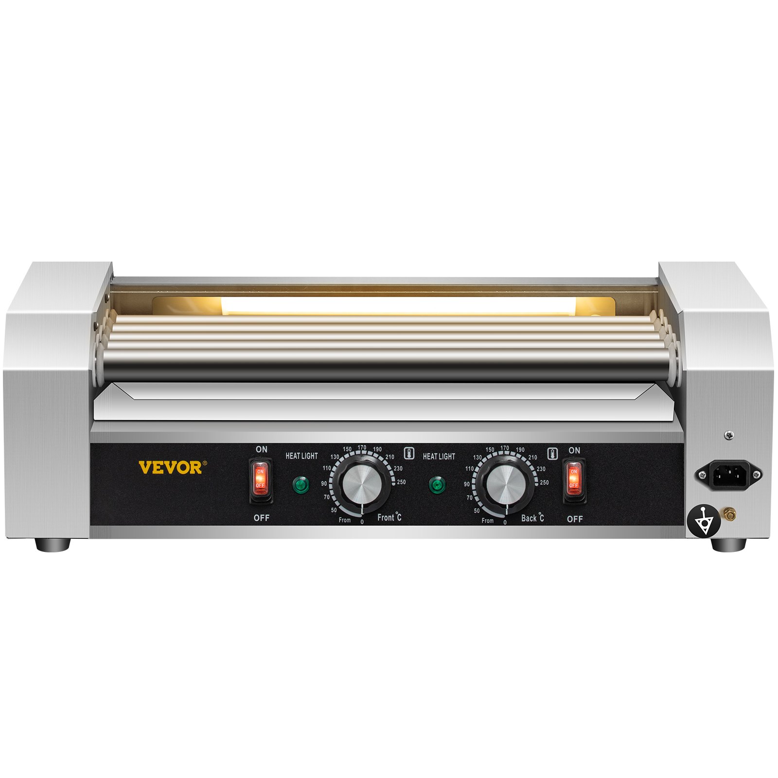 VEVOR Rodillo para Hot Dogs, capacidad para 12 Hot Dogs, 5 rodillos, máquina de cocción y calentamiento de acero inoxidable de 750 W con control de temperatura dual, luz LED y bandeja de goteo desmontable, parrilla para salchichas para cocina y restaurante.