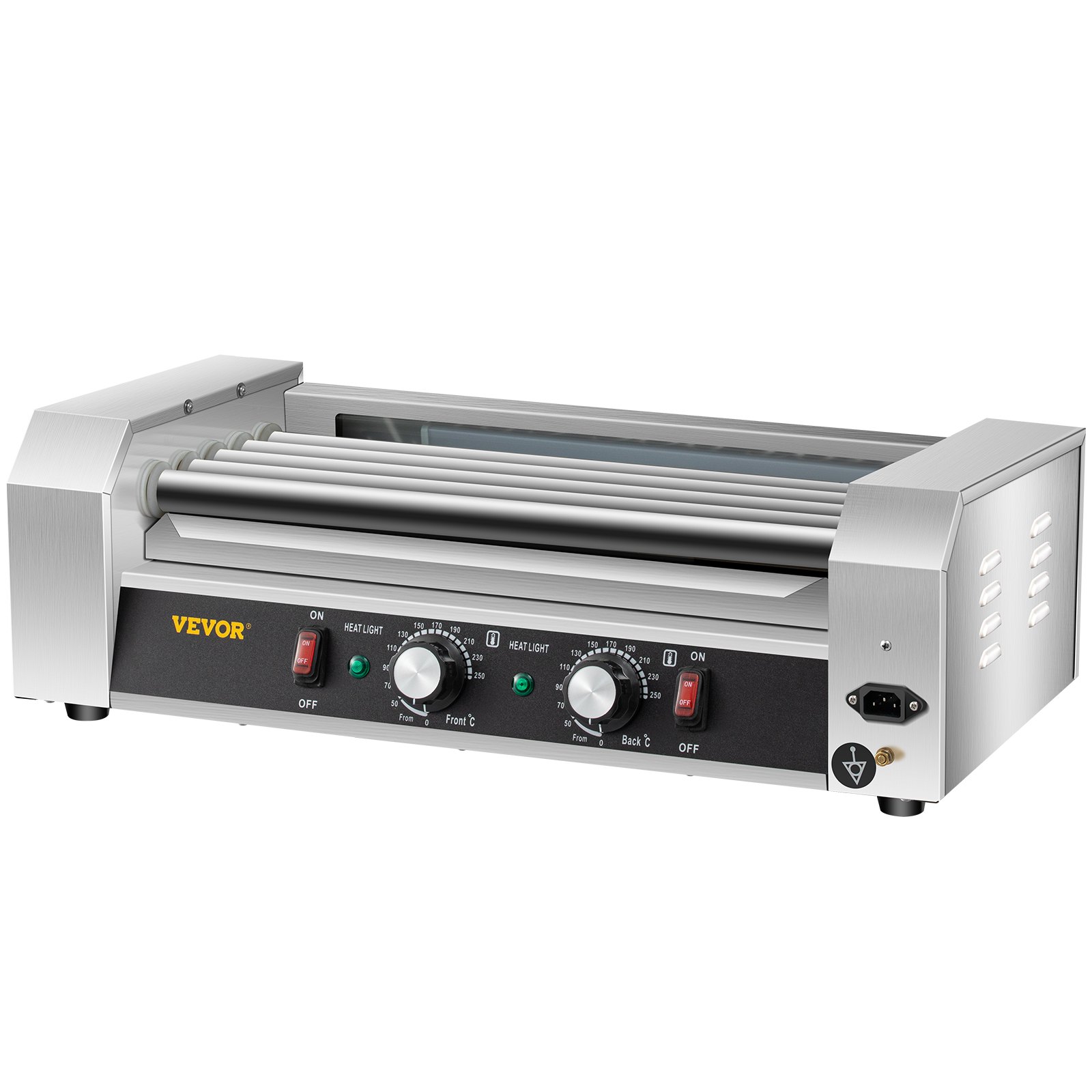 VEVOR Rodillo para Hot Dogs, capacidad para 12 Hot Dogs, 5 rodillos, máquina de cocción y calentamiento de acero inoxidable de 750 W con control de temperatura dual, luz LED y bandeja de goteo desmontable, parrilla para salchichas para cocina y restaurante.