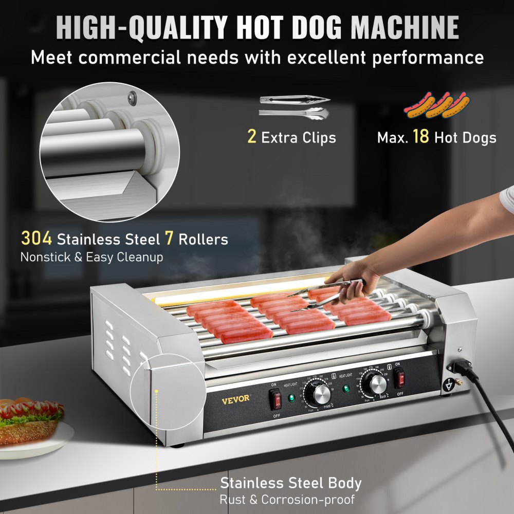 VEVOR Rodillo para Hot Dogs, capacidad para 18 Hot Dogs, 7 rodillos, máquina de cocción y calentamiento de acero inoxidable de 1050 W con control de temperatura dual, luz LED y bandeja de goteo desmontable, parrilla para salchichas para cocina y restaurante.