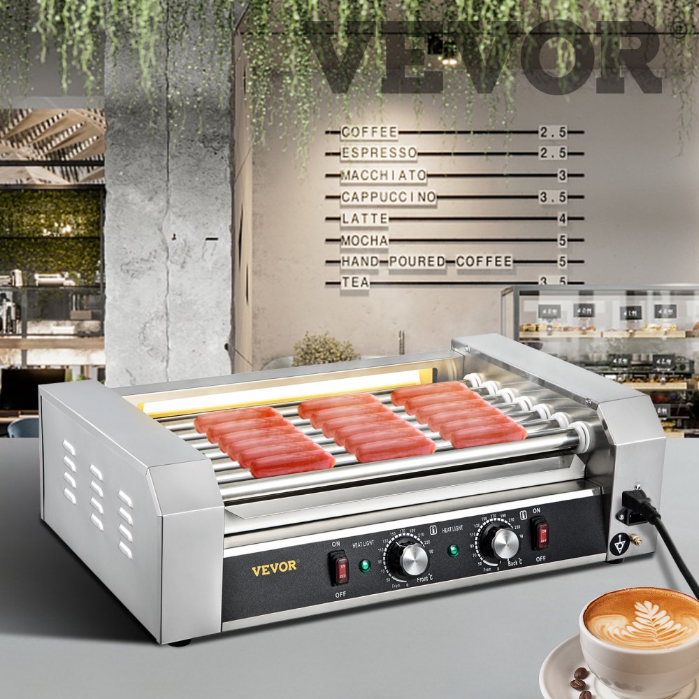 VEVOR Rodillo para Hot Dogs, capacidad para 18 Hot Dogs, 7 rodillos, máquina de cocción y calentamiento de acero inoxidable de 1050 W con control de temperatura dual, luz LED y bandeja de goteo desmontable, parrilla para salchichas para cocina y restaurante.