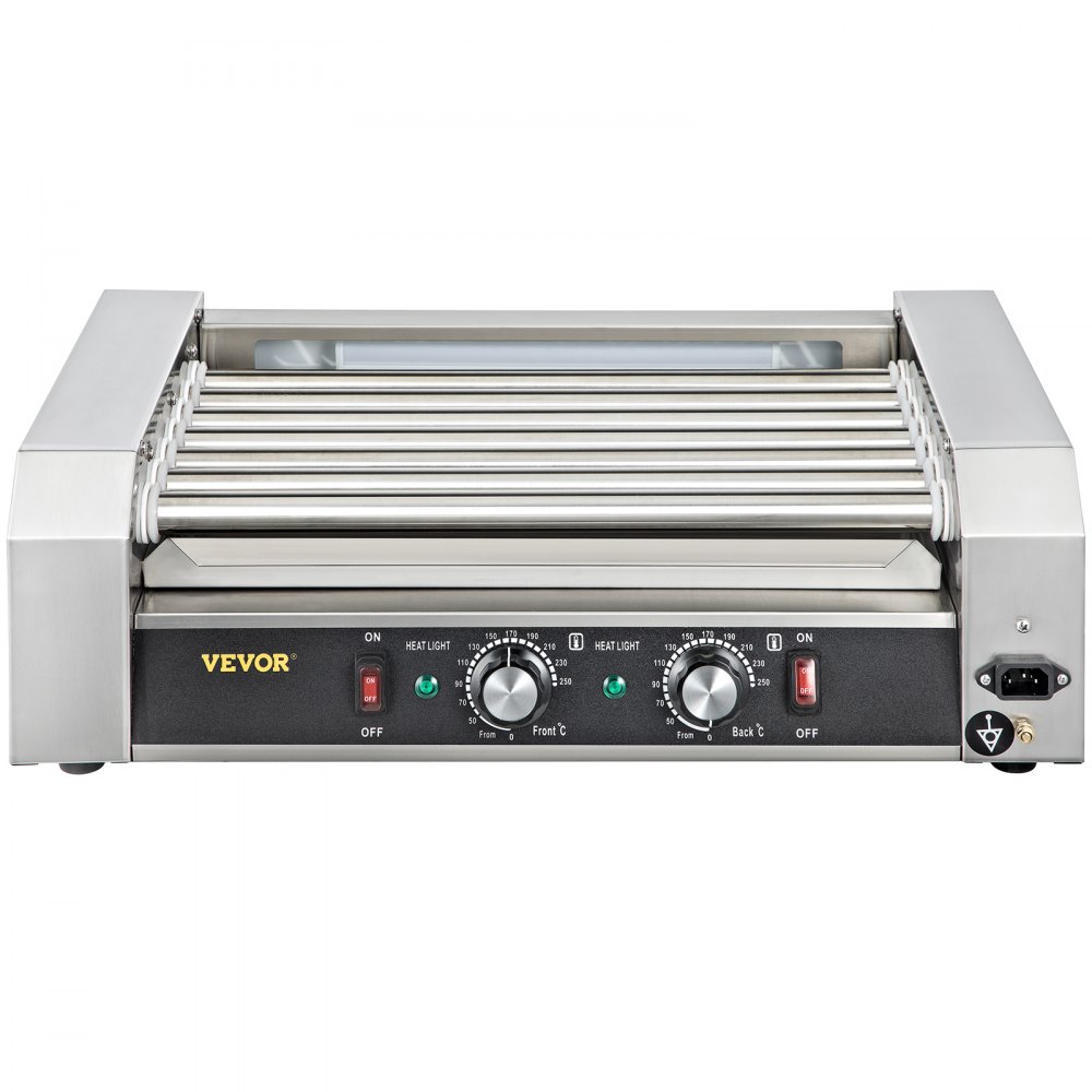 VEVOR Rodillo para Hot Dogs, capacidad para 18 Hot Dogs, 7 rodillos, máquina de cocción y calentamiento de acero inoxidable de 1050 W con control de temperatura dual, luz LED y bandeja de goteo desmontable, parrilla para salchichas para cocina y restaurante.