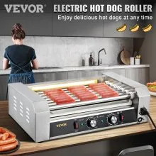 VEVOR Rodillo para perritos calientes, 18 capacidad para perritos calientes, 7 rodillos, máquina calentadora de acero inoxidable de 1050 W con control de temperatura dual, luz LED y bandeja de goteo desmontable, parrilla para salchichas para cocina restaurante