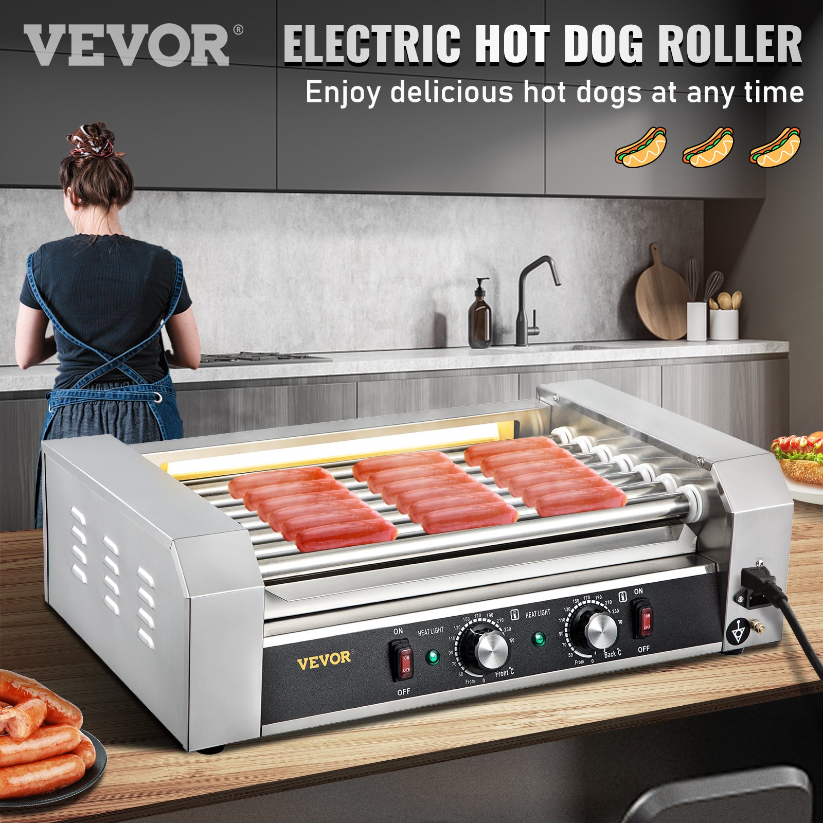VEVOR Rodillo para Hot Dogs, capacidad para 18 Hot Dogs, 7 rodillos, máquina de cocción y calentamiento de acero inoxidable de 1050 W con control de temperatura dual, luz LED y bandeja de goteo desmontable, parrilla para salchichas para cocina y restaurante.