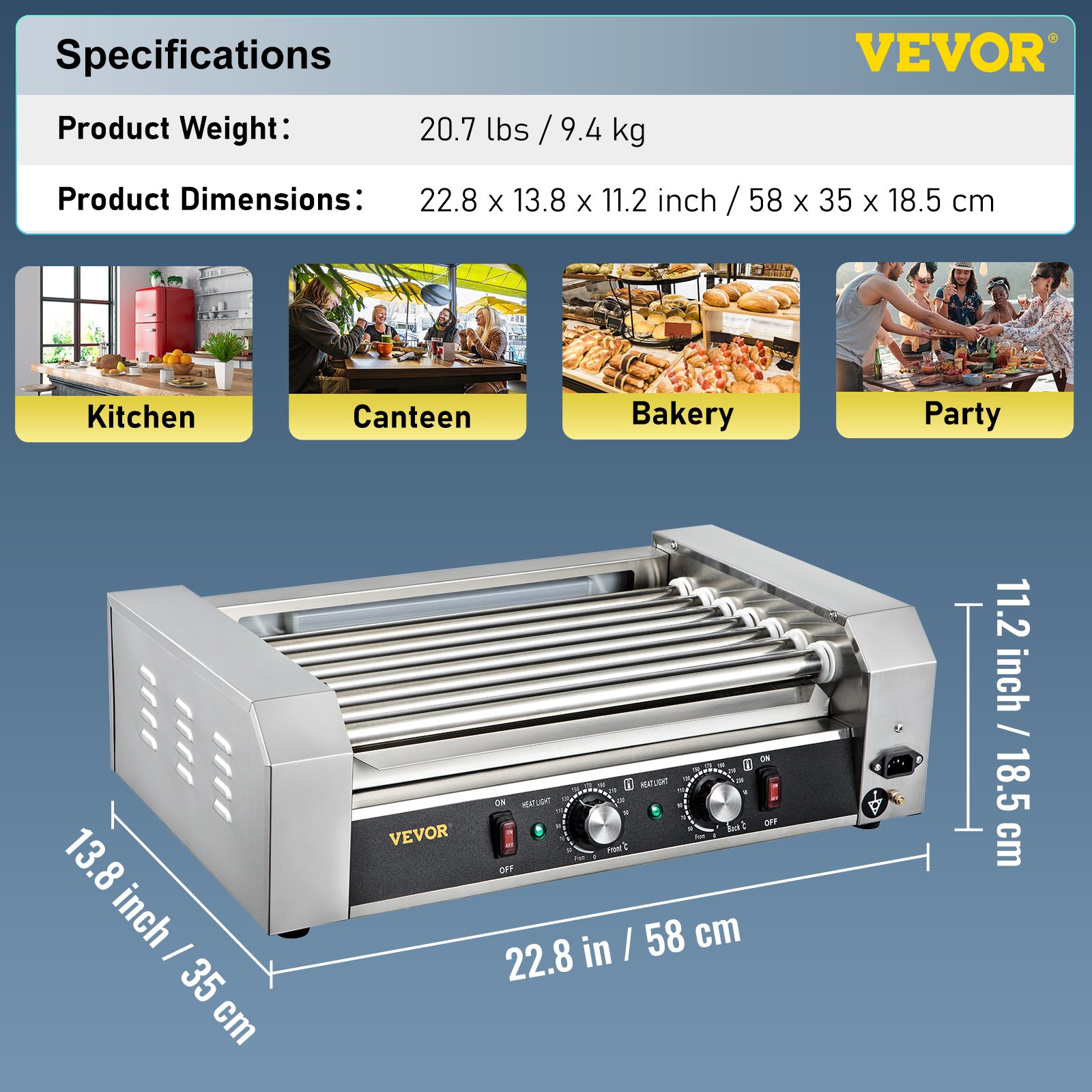 VEVOR Rodillo para Hot Dogs, capacidad para 18 Hot Dogs, 7 rodillos, máquina de cocción y calentamiento de acero inoxidable de 1050 W con control de temperatura dual, luz LED y bandeja de goteo desmontable, parrilla para salchichas para cocina y restaurante.