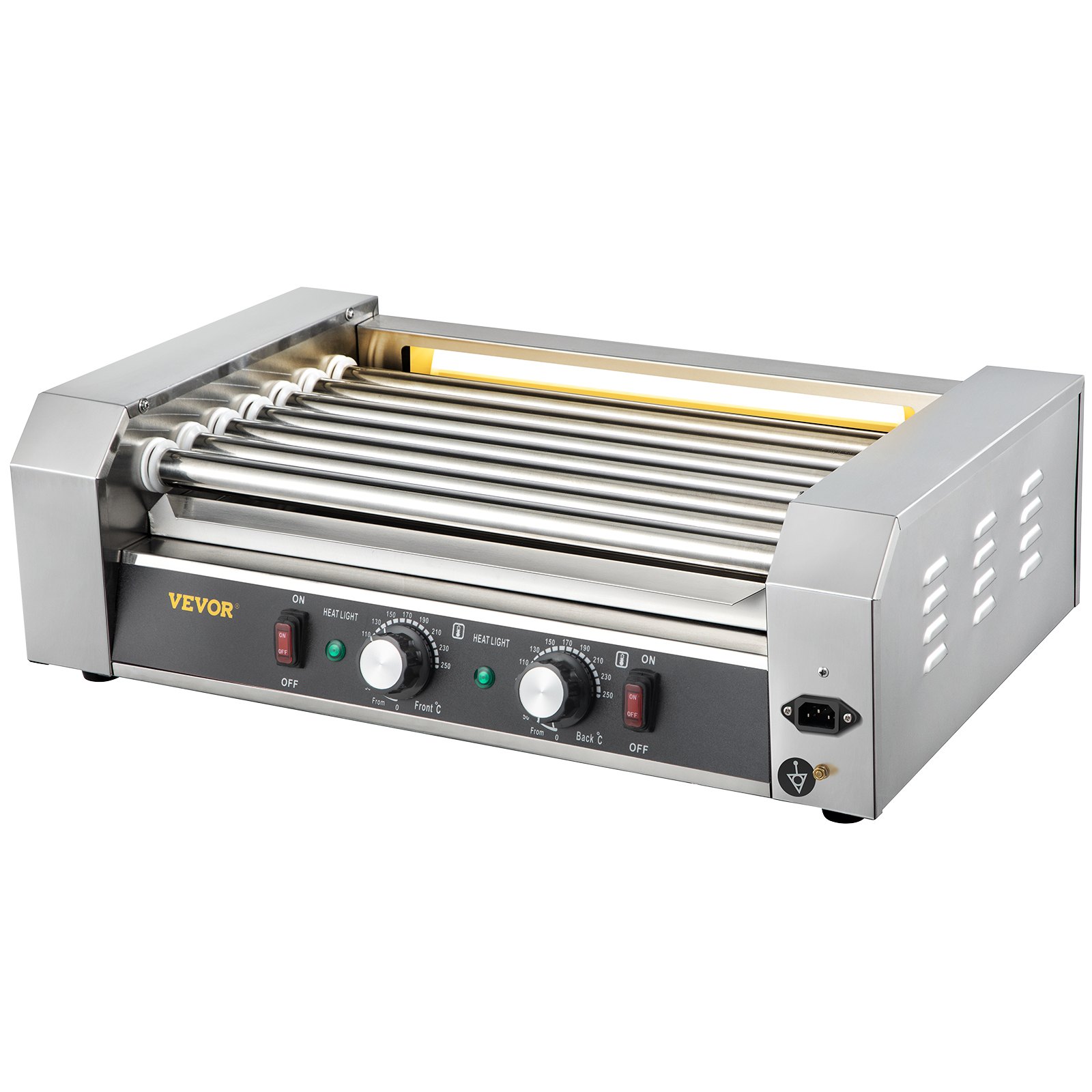 VEVOR Rodillo para Hot Dogs, capacidad para 18 Hot Dogs, 7 rodillos, máquina de cocción y calentamiento de acero inoxidable de 1050 W con control de temperatura dual, luz LED y bandeja de goteo desmontable, parrilla para salchichas para cocina y restaurante.
