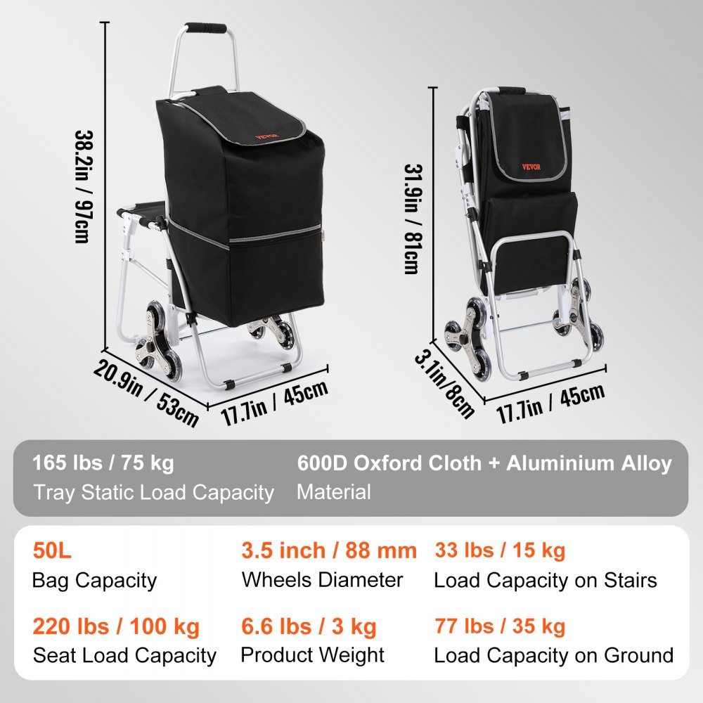 Detalles del carrito sube escaleras VEVOR con dimensiones, capacidades de carga y materiales para utilidad y durabilidad.