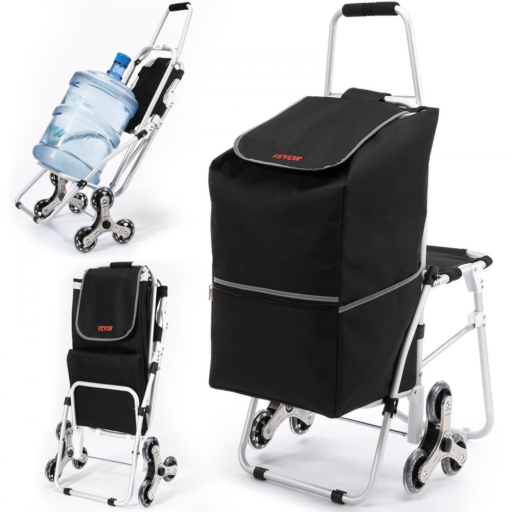 Carrito sube escaleras VEVOR con bolsa y asa negras, presenta sistema de triple rueda y jarra de agua grande.