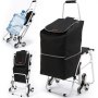 Carrito sube escaleras VEVOR con bolsa y asa negras, presenta sistema de triple rueda y jarra de agua grande.