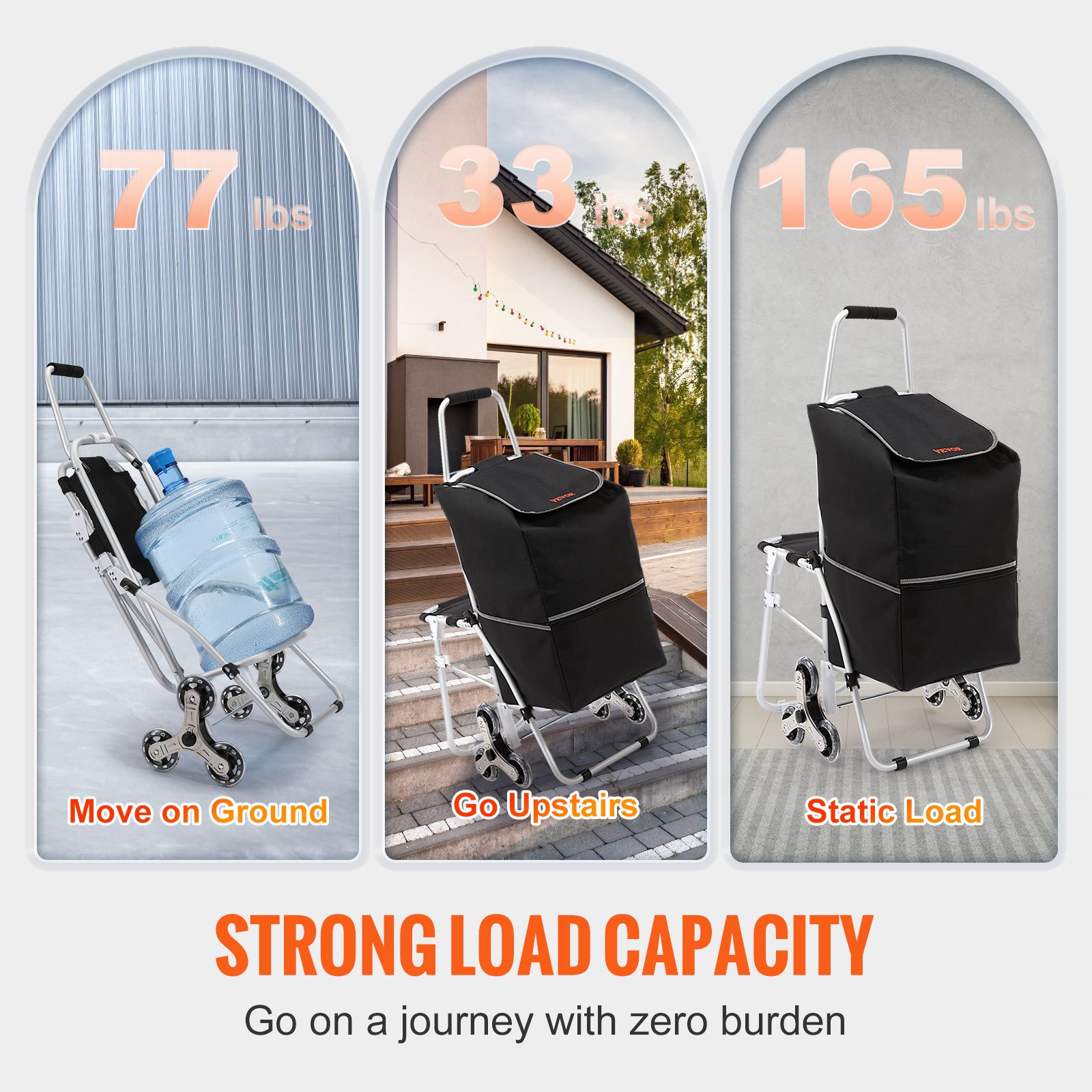Carrito para subir escaleras VEVOR con capacidad de carga de suelo de 77 libras, escaleras de 33 libras y carga estática de 165 libras.