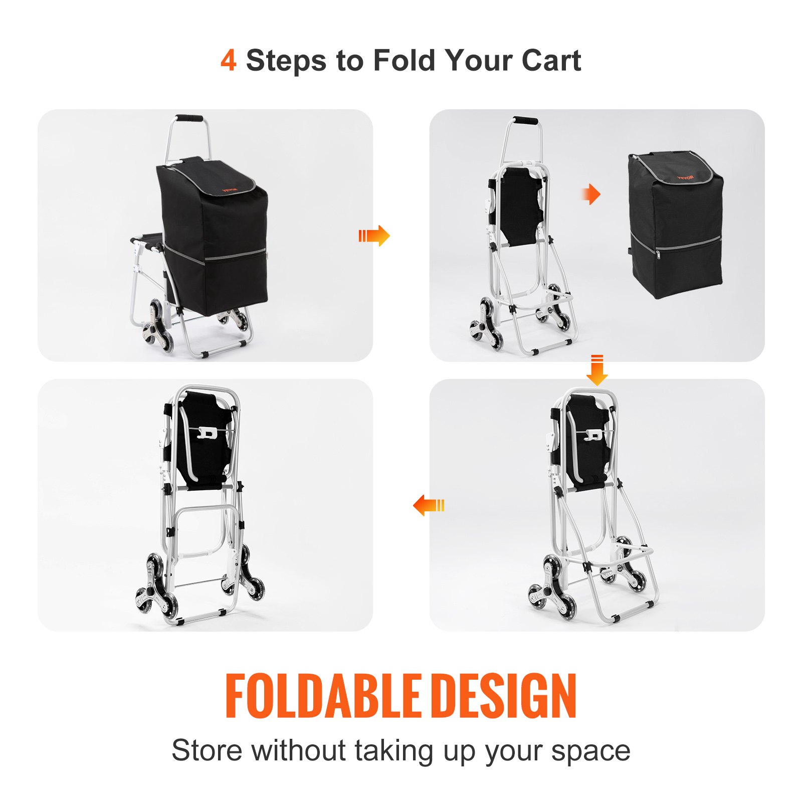 Carro sube escaleras plegable VEVOR en 4 escalones, diseño de almacenamiento compacto.