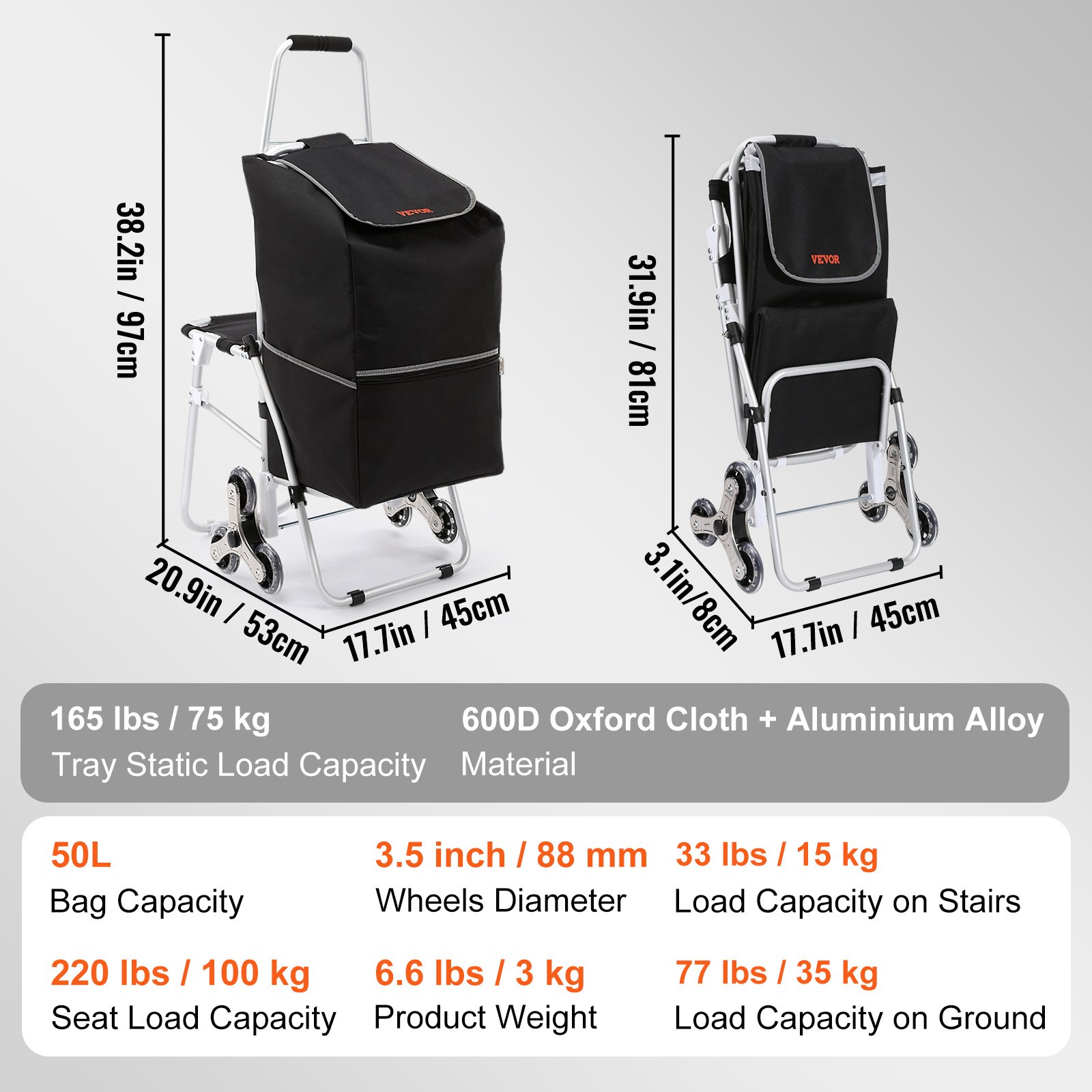 Detalles del carrito sube escaleras VEVOR con dimensiones, capacidades de carga y materiales para utilidad y durabilidad.