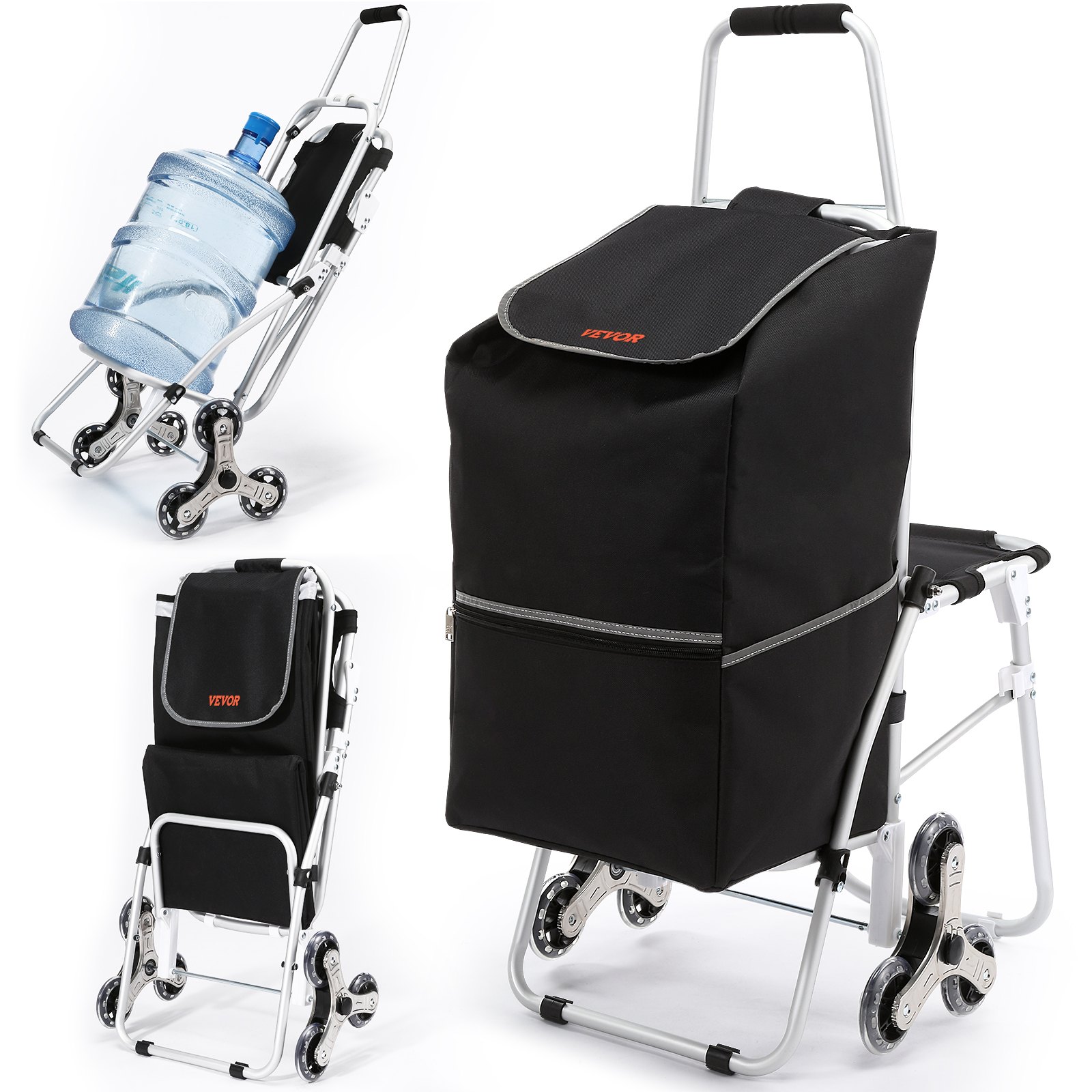Carrito sube escaleras VEVOR con bolsa y asa negras, presenta sistema de triple rueda y jarra de agua grande.