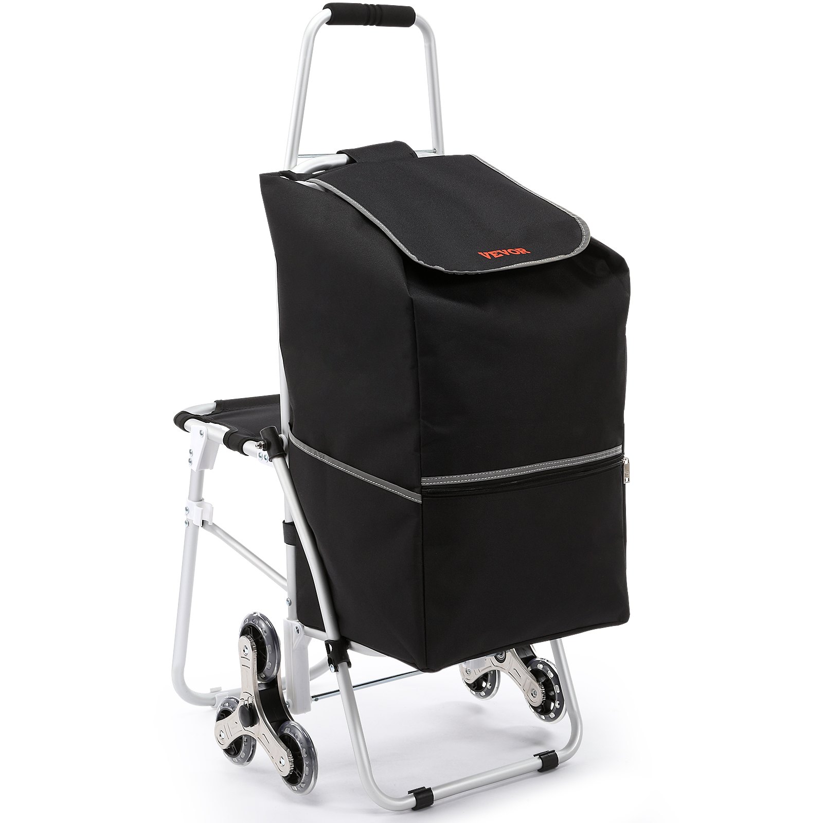 Carrito sube escaleras VEVOR negro con tres ruedas y asiento plegable.