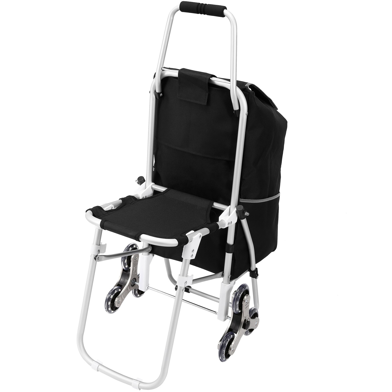 Carro sube escaleras VEVOR negro con asa y diseño de tres ruedas para fácil movilidad y transporte.
