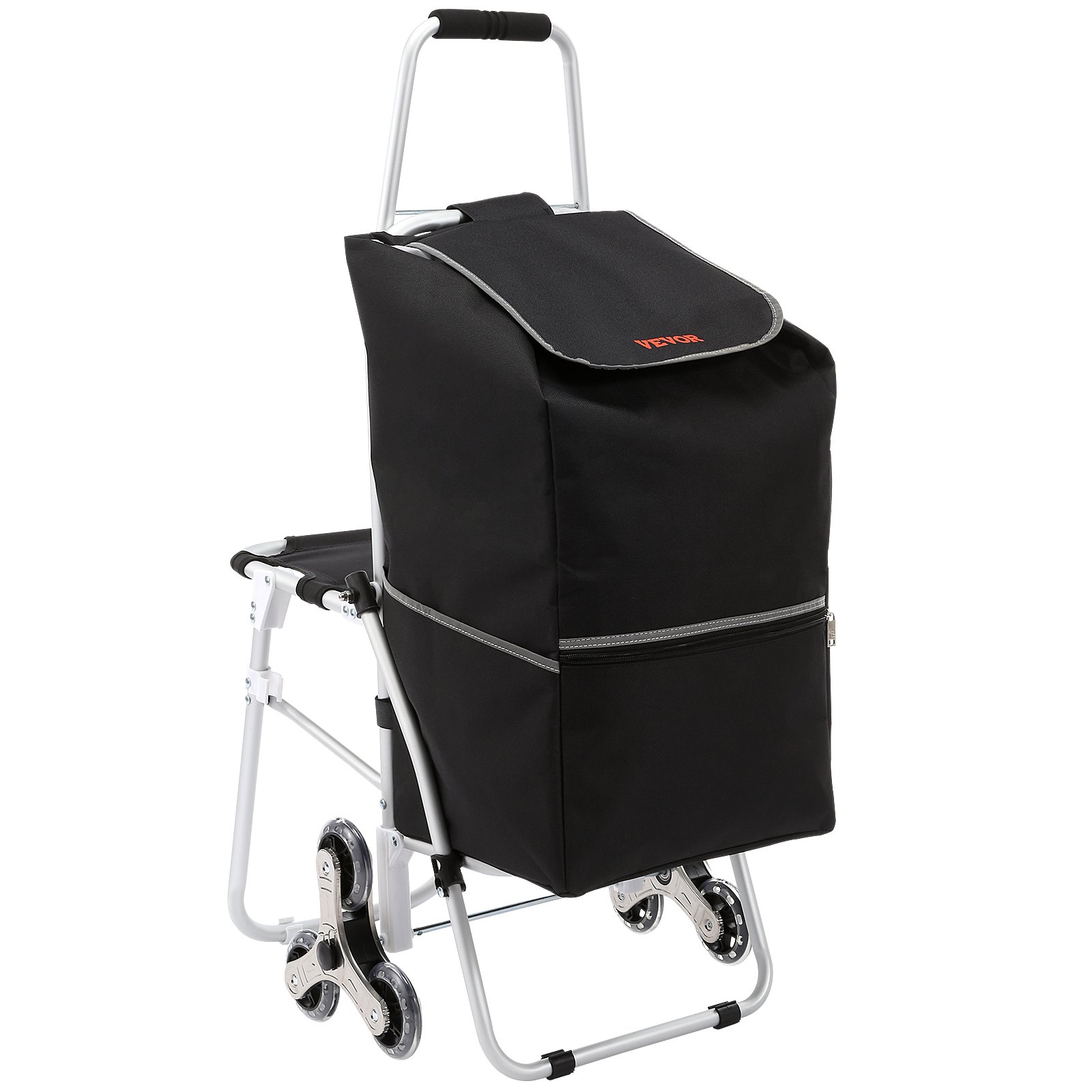 Carrito para subir escaleras VEVOR con bolsa de almacenamiento negra, asiento plegable y diseño de tres ruedas para un fácil transporte.