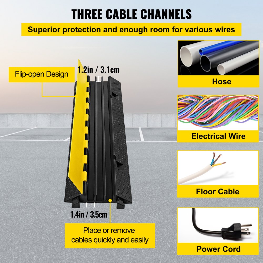 VEVOR 3 Canales de Goma Protector de Cable Rampa 1.2 x 1.2 Pulgada Canal Resistente Cubierta de Cable Rampa de Velocidad Bump Driveway Manguera Protector de Cable Rampa