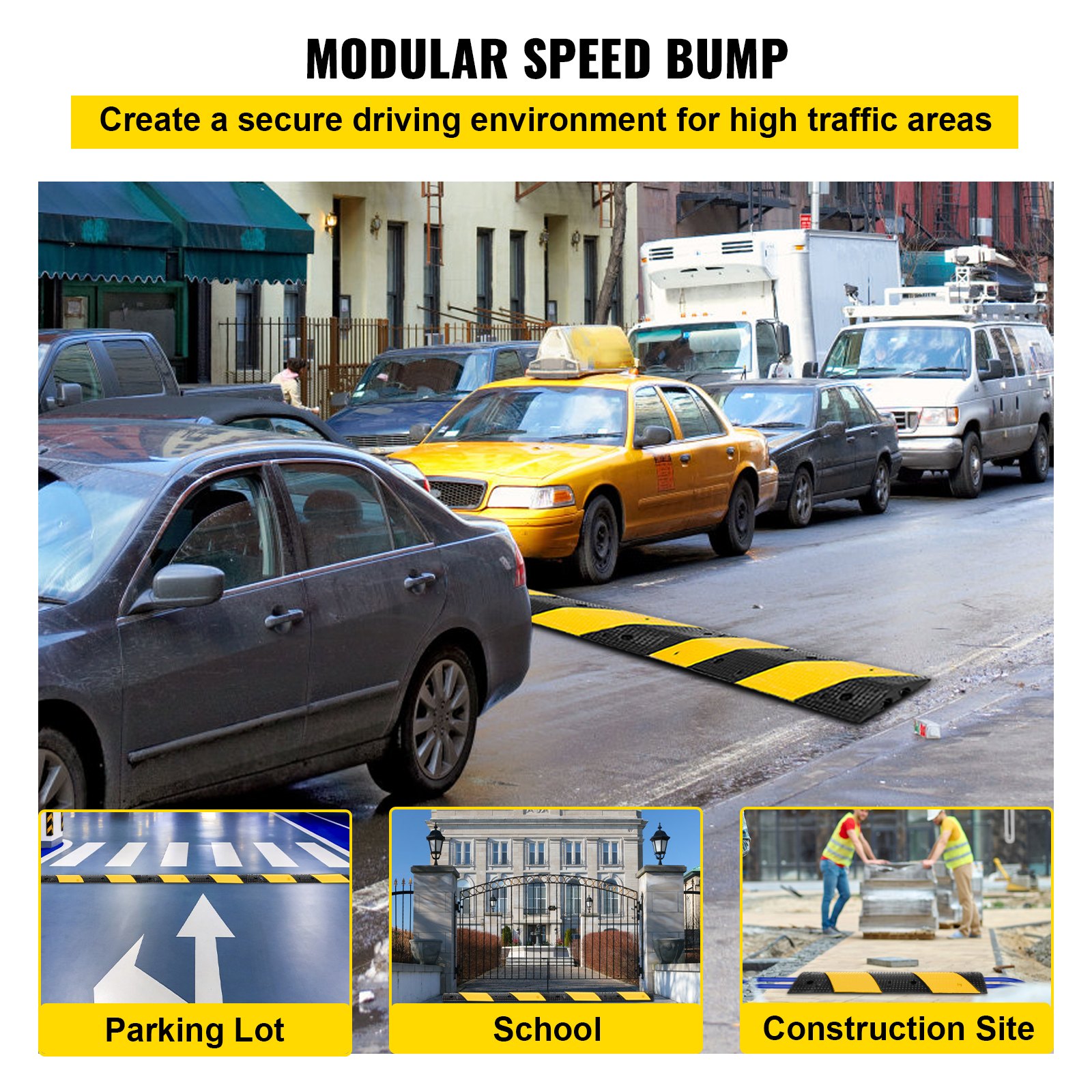 automóviles pasando sobre un reductor de velocidad de VEVOR en una calle muy transitada de la ciudad; estacionamiento, escuela, sitio de construcción.