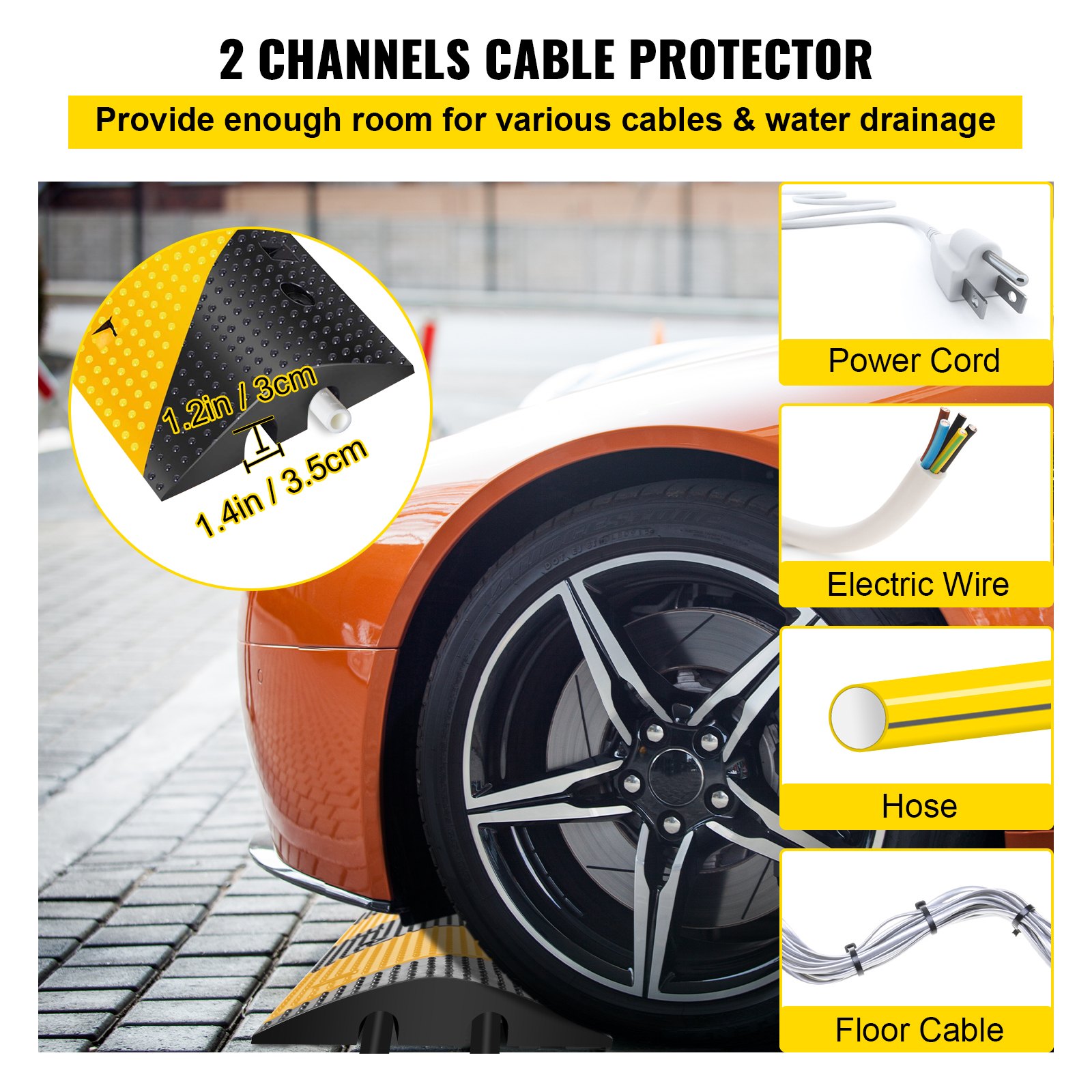 Rueda de automóvil sobre reductor de velocidad VEVOR con diagramas de cable de alimentación, cable eléctrico, manguera, cable de piso.