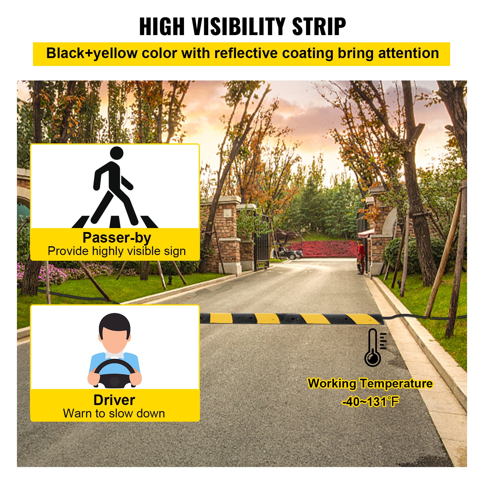 Reductor de velocidad VEVOR en vía residencial, color negro y amarillo con franja de alta visibilidad.