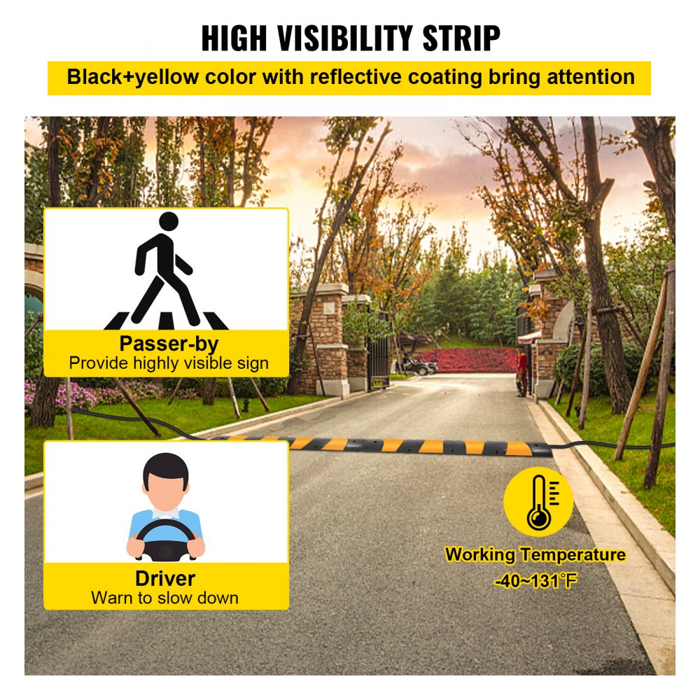 Rampa protectora de cables VEVOR con revestimiento reflectante negro y amarillo de alta visibilidad.