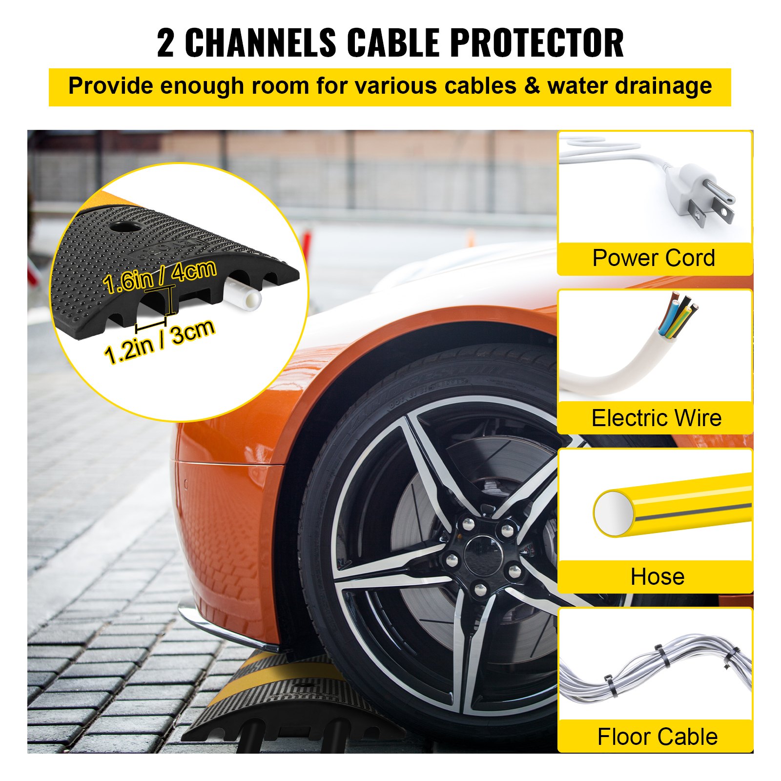 Rampa protectora de cables VEVOR para debajo del automóvil de color naranja, que muestra compatibilidad con cables y mangueras.