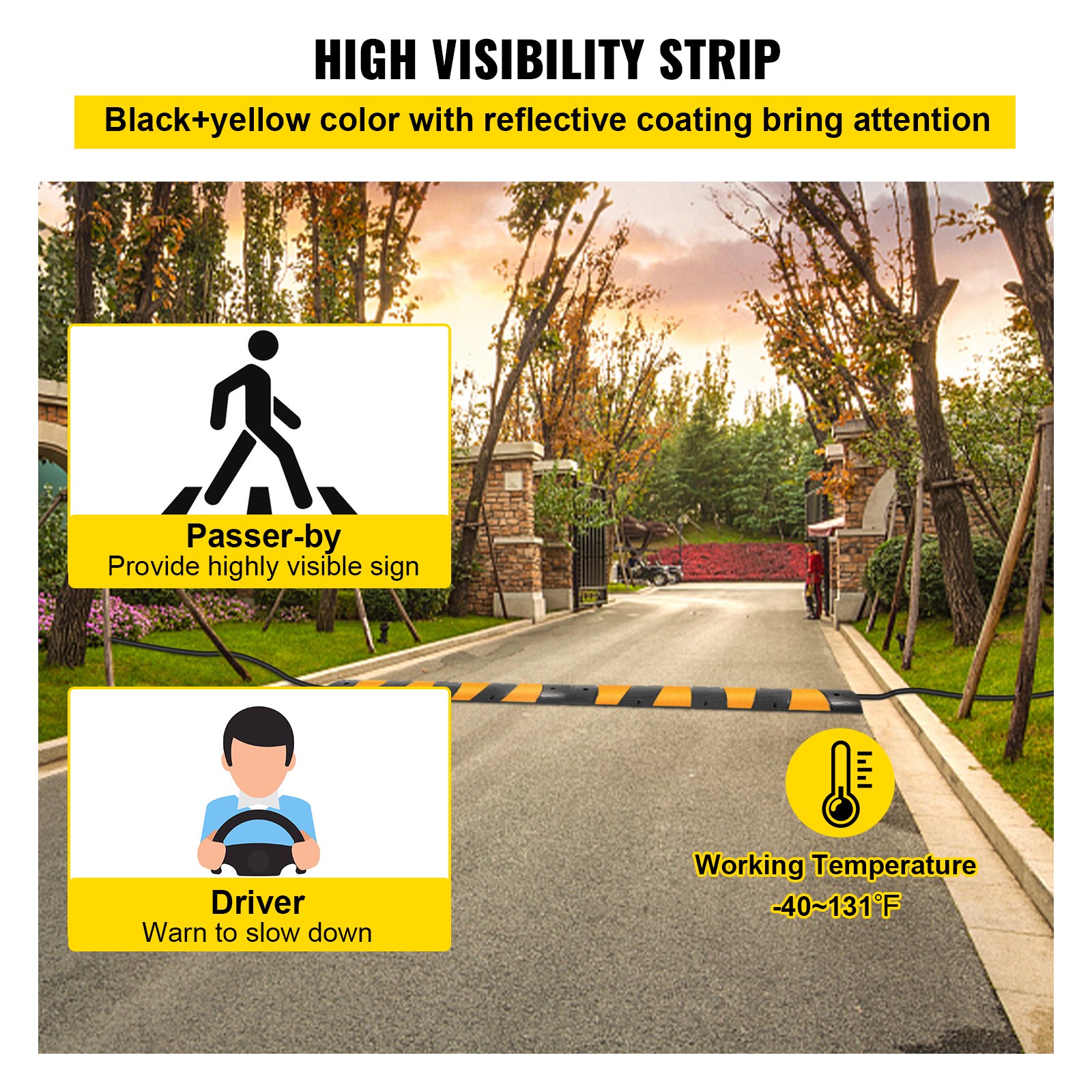 Rampa protectora de cables VEVOR con revestimiento reflectante negro y amarillo de alta visibilidad.