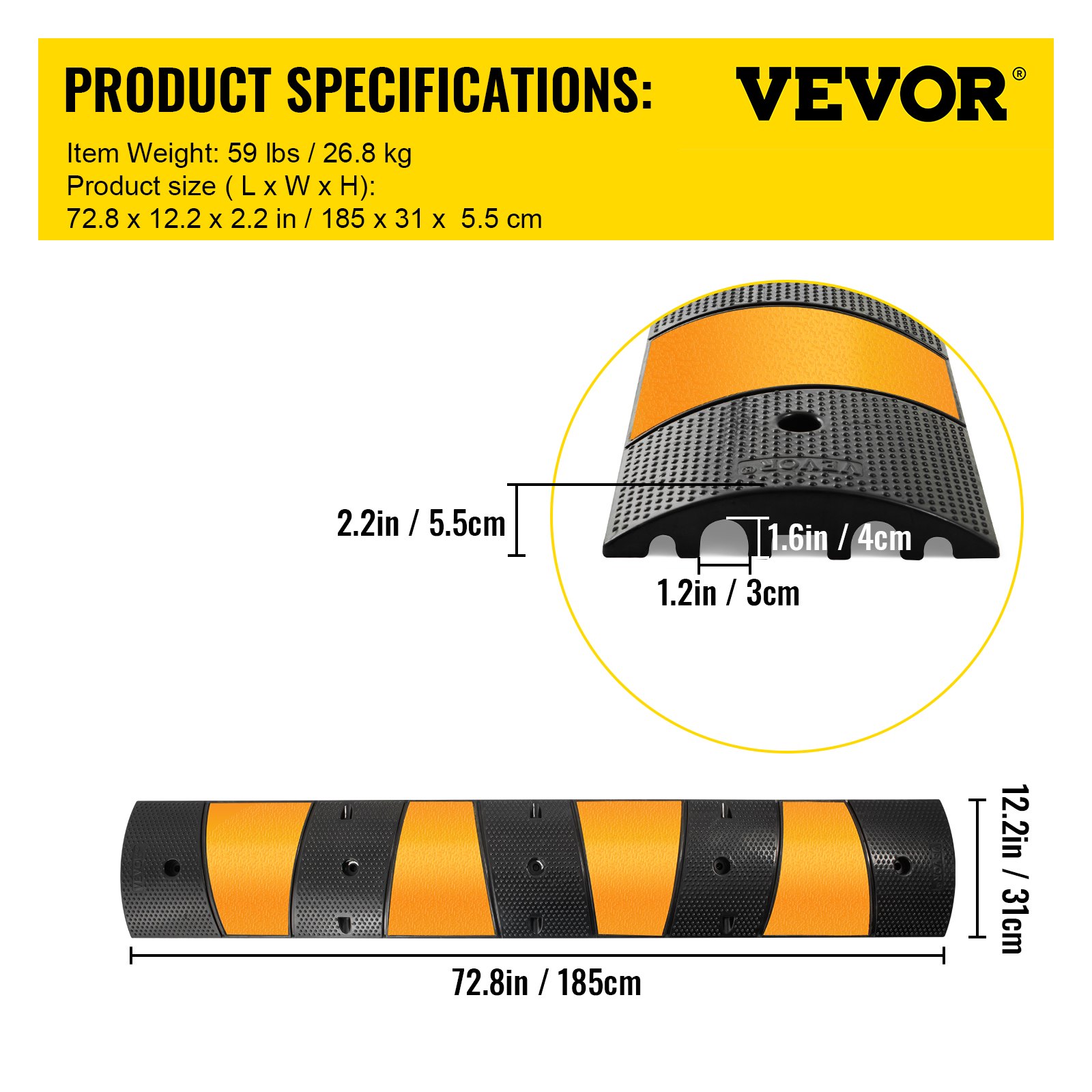 Rampa protectora de cables VEVOR con medidas detalladas y especificaciones del producto