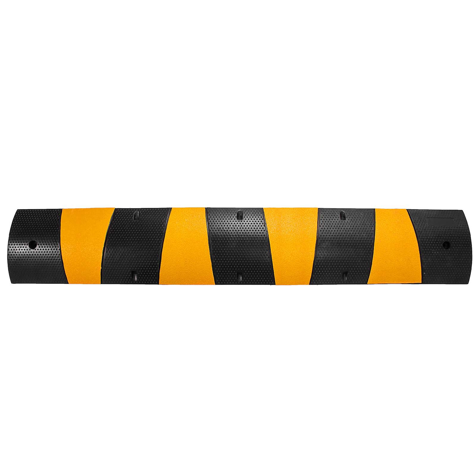 Rampa protectora de cables VEVOR de color amarillo y negro con patrón de rayas sobre fondo blanco.