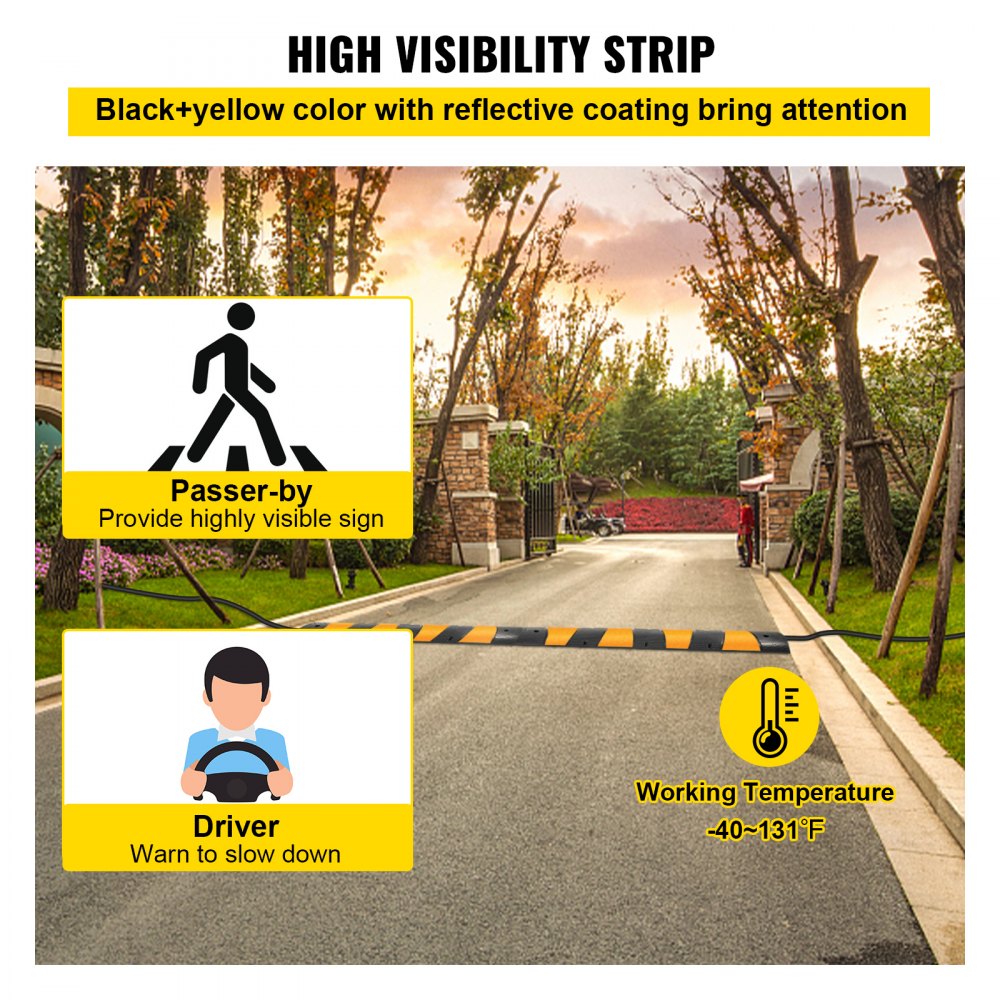 Reductor de velocidad VEVOR en carretera con franja de alta visibilidad y señales de seguridad en zona residencial.