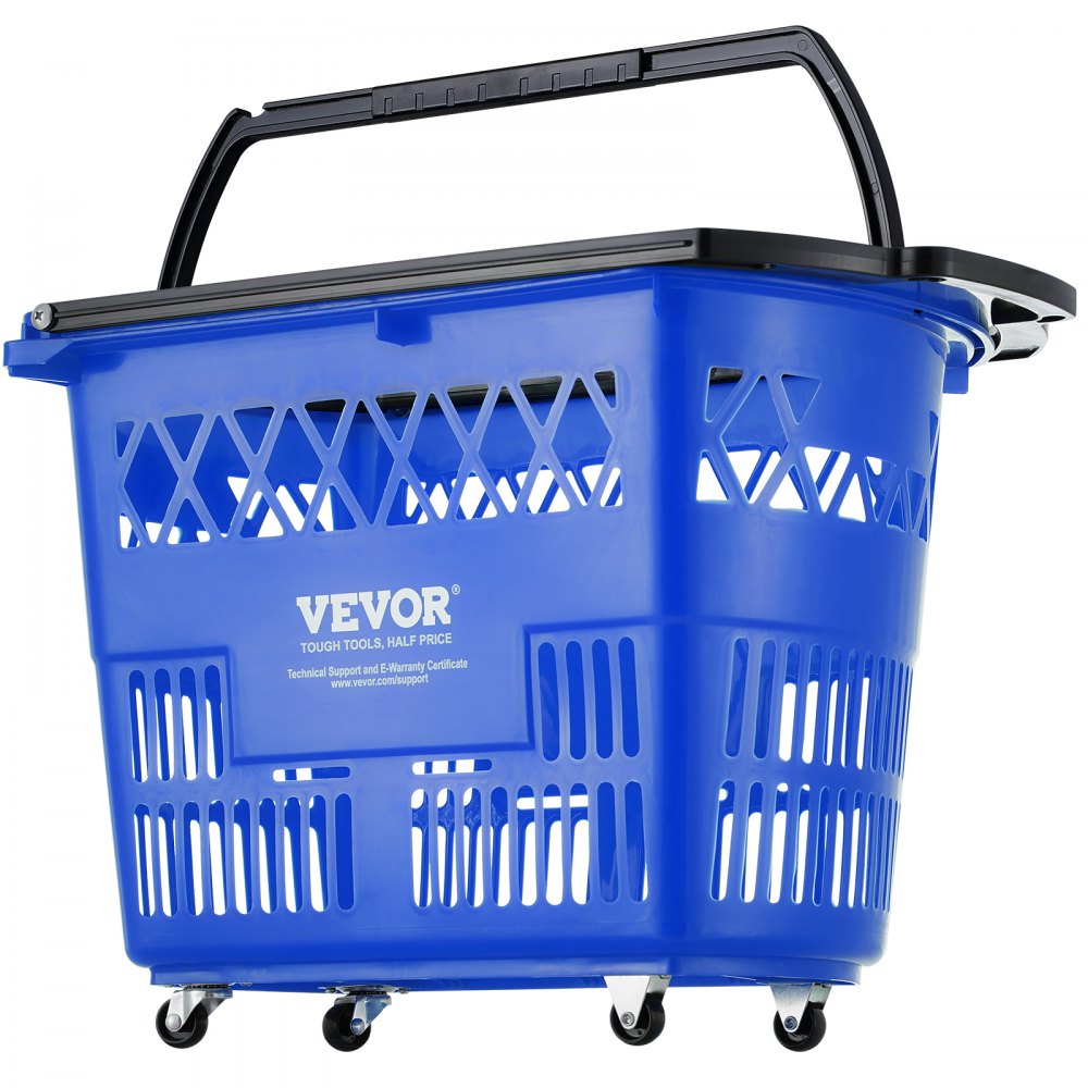 Carrito de compra con ruedas VEVOR azul con asa negra y ruedas bloqueables.