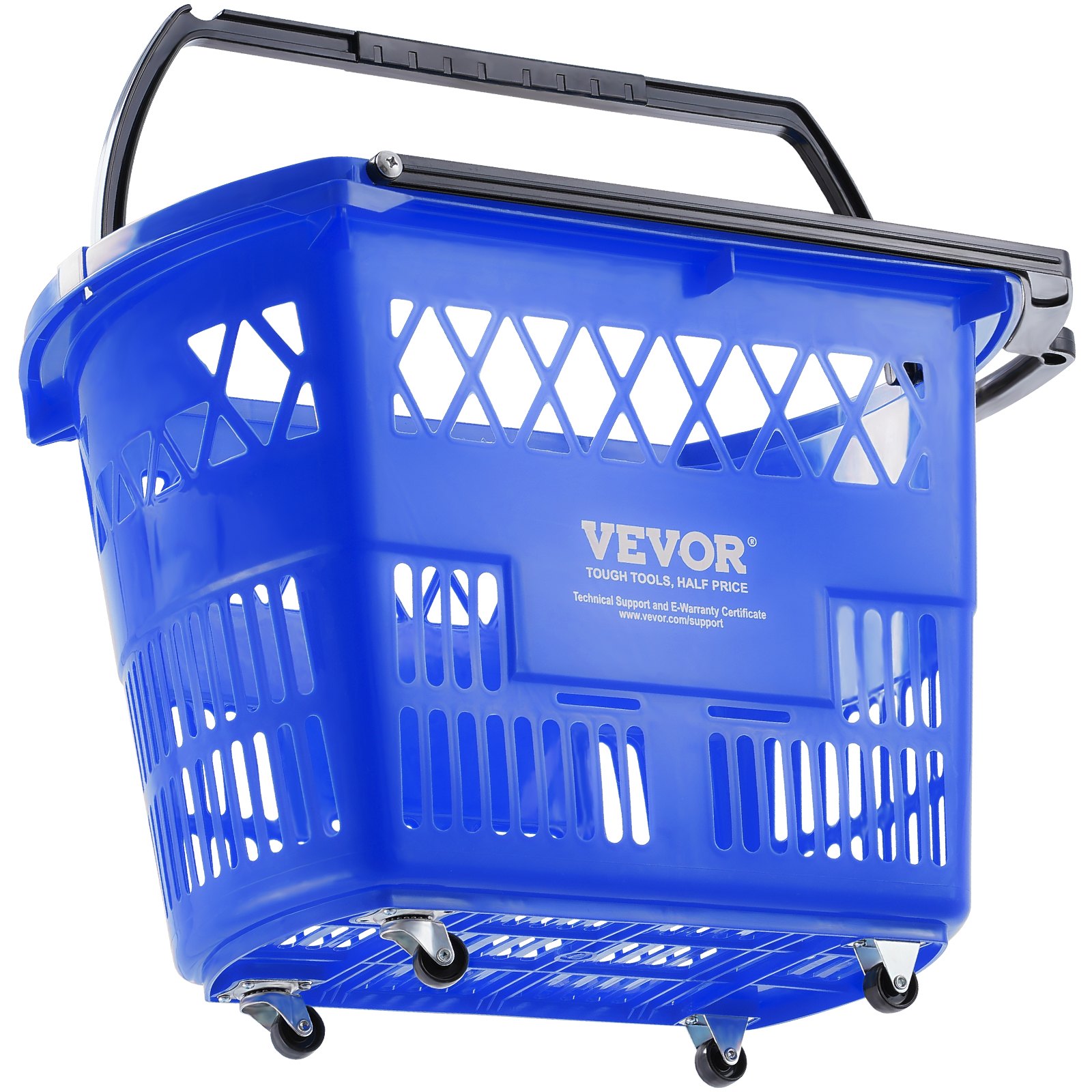 Carrito de compras con ruedas VEVOR azul con asa negra y diseño duradero, con cuatro ruedas giratorias.