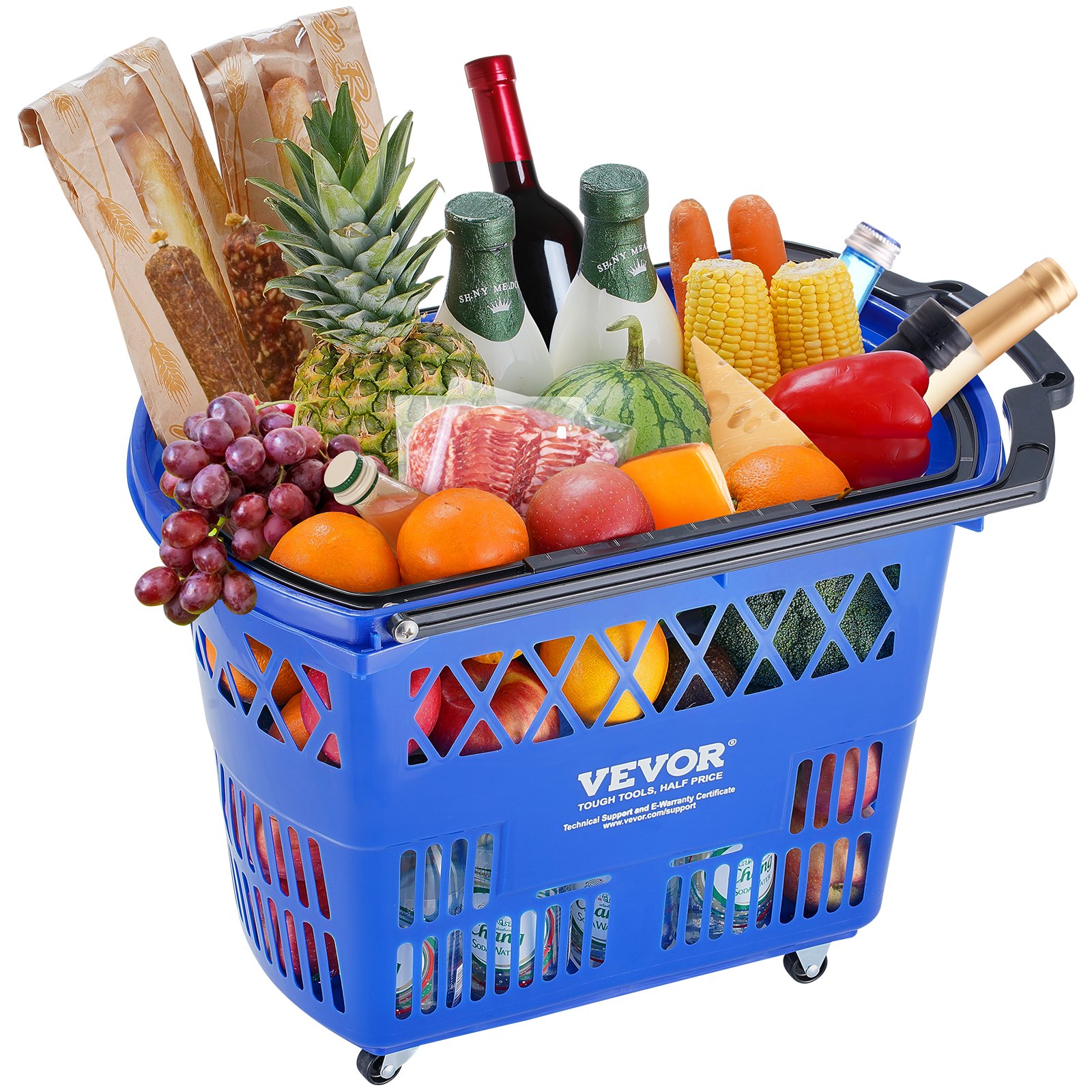 Carrito de compra con ruedas VEVOR lleno de frutas, verduras, bebidas y pan.