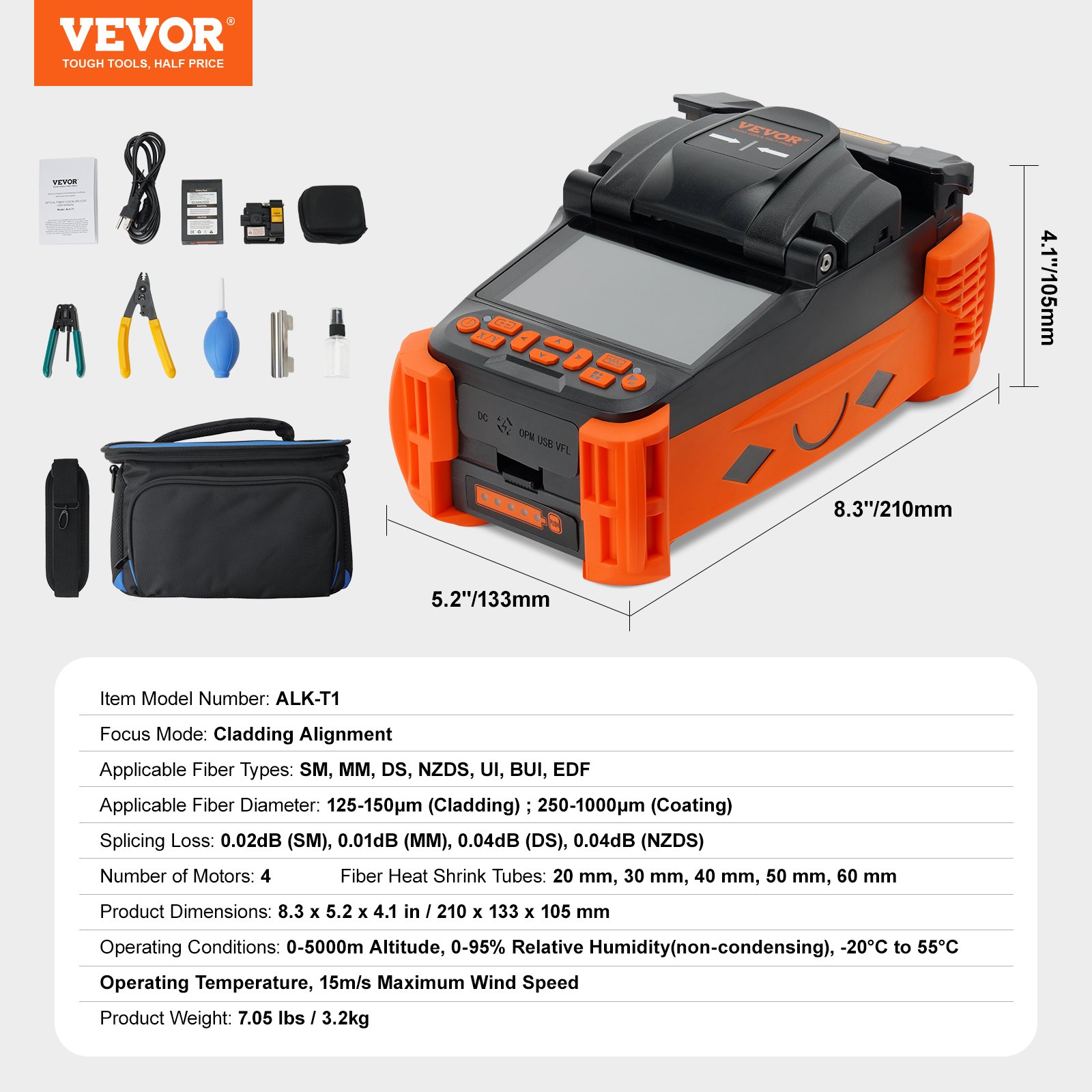 VEVOR Empalmador de fusión de fibra 4 motores, kit de empalmador de fusión de fibra óptica de alineación de núcleo con pantalla LCD digital de 4", soporte de fibra óptica 3 en 1, kit de cuchilla de fibra óptica de enfoque automático 9s empalme 9-25s calefacción